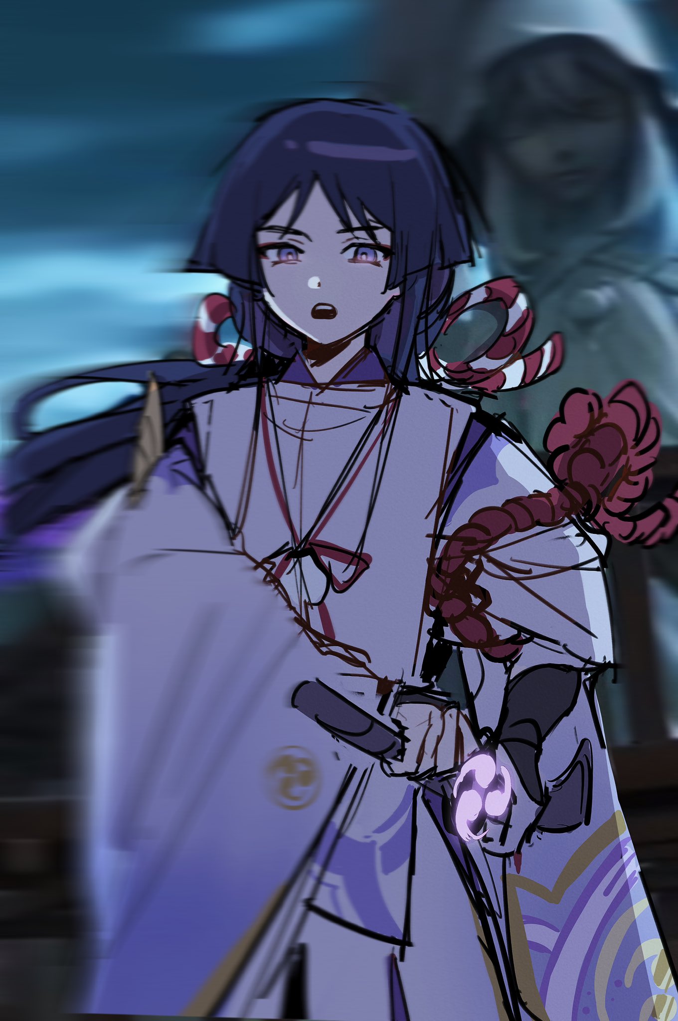 cnorkie, scaramouche (genshin impact), scaramouche (kabukimono) (genshin impact), genshin impact, highres, 1boy, adapted costume, alternate hair length, alternate hairstyle, alternate universe, black hair, black mouth, blunt ends, bright pupils, clothing cutout, eyeliner, eyeshadow, fighting stance, game screenshot background, gold trim, holding, holding sword, holding weapon, japanese clothes, kimono, layered sleeves, long hair, long sleeves, looking at viewer, makeup, male focus, mitsudomoe (shape), open mouth, overcast, pants, parted bangs, pelvic curtain, purple eyes, purple kimono, purple sleeves, ready to draw, red eyeliner, red eyeshadow, red rope, rope, rope around arm, screenshot background, sheath, sheathed, shimenawa, shoulder cutout, single sode, sky, solo, statue of the seven, string, sword, teeth, tomoe (symbol), tsurime, upper teeth only, weapon, white pants, white pupils, white rope, wide sleeves, wispy bangs