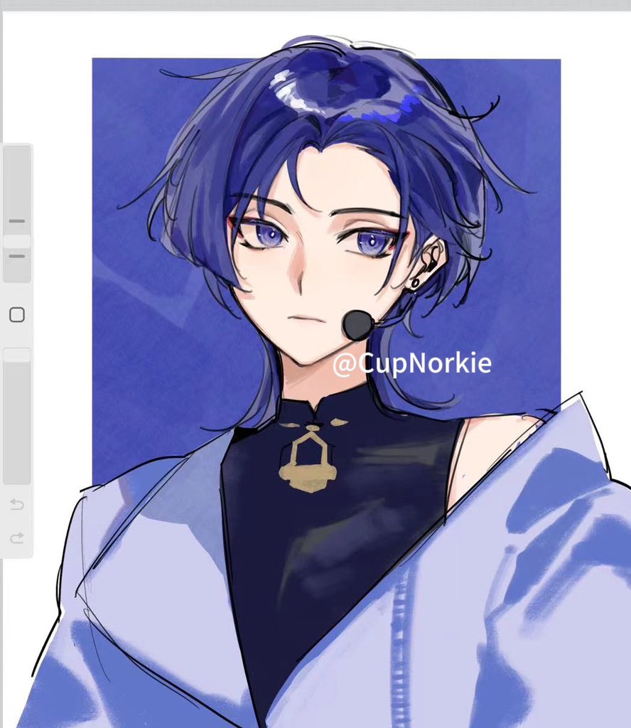 cnorkie, scaramouche (genshin impact), wanderer (genshin impact), genshin impact, 1boy, alternate costume, art program in frame, bangs pinned back, black bodysuit, blunt ends, bodysuit, border, bright pupils, closed mouth, expressionless, eyeliner, eyeshadow, headset, idol, jacket, lapels, makeup, male focus, mandarin collar, portrait, purple background, purple eyes, purple hair, purple jacket, red eyeliner, red eyeshadow, shoulder peek, solo, tsurime, twitter username, white border, white pupils