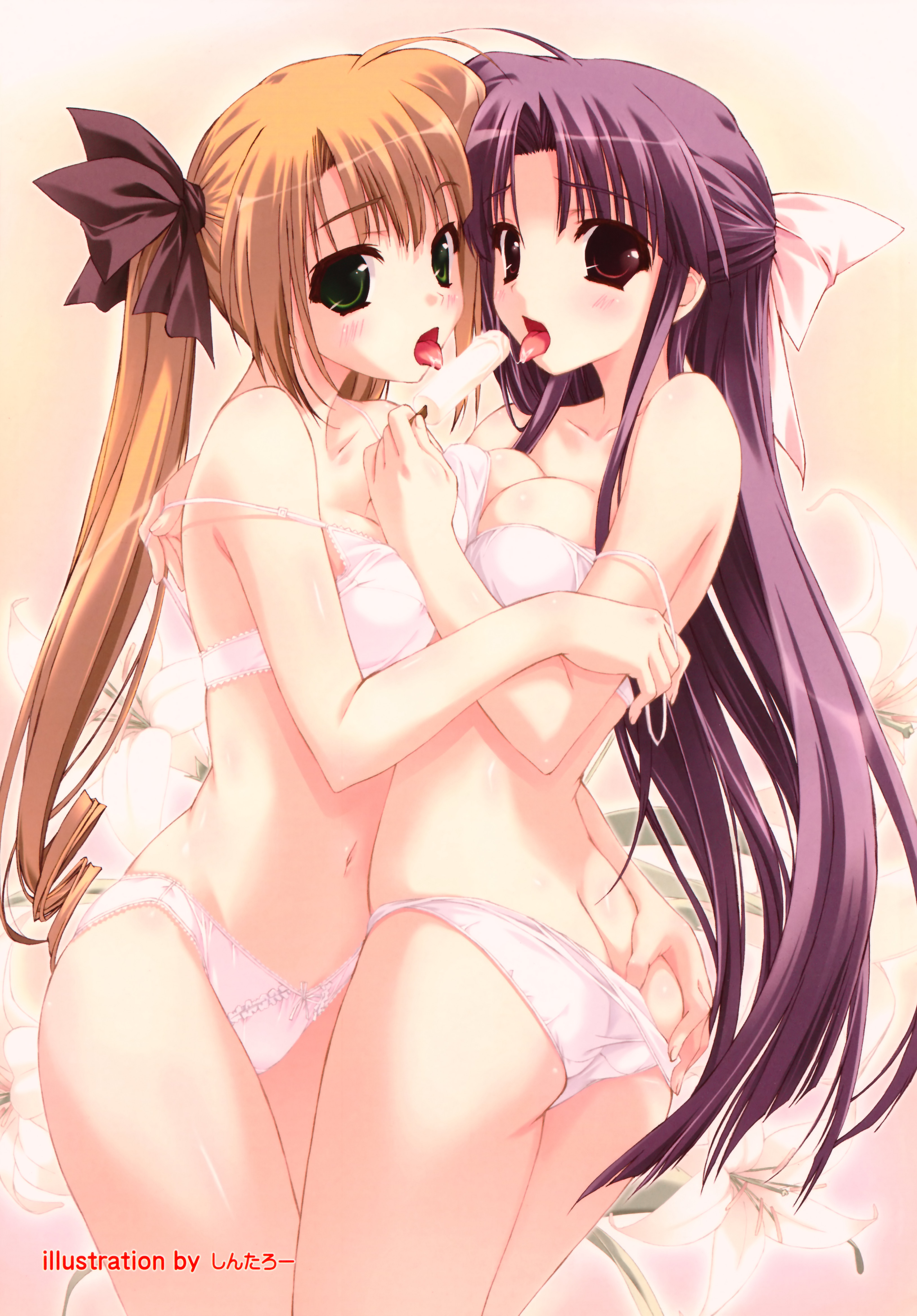 shintarou, absurdres, highres, 2girls, ass, asymmetrical docking, blonde hair, blush, bra, breast press, breasts, brown eyes, butt crack, food, grabbing another's ass, green eyes, groping, hair ribbon, large breasts, licking, lingerie, long hair, multiple girls, navel, panties, ponytail, popsicle, purple hair, ribbon, saliva, sexually suggestive, strap slip, symmetrical docking, tongue, underwear, underwear only, very long hair, yuri