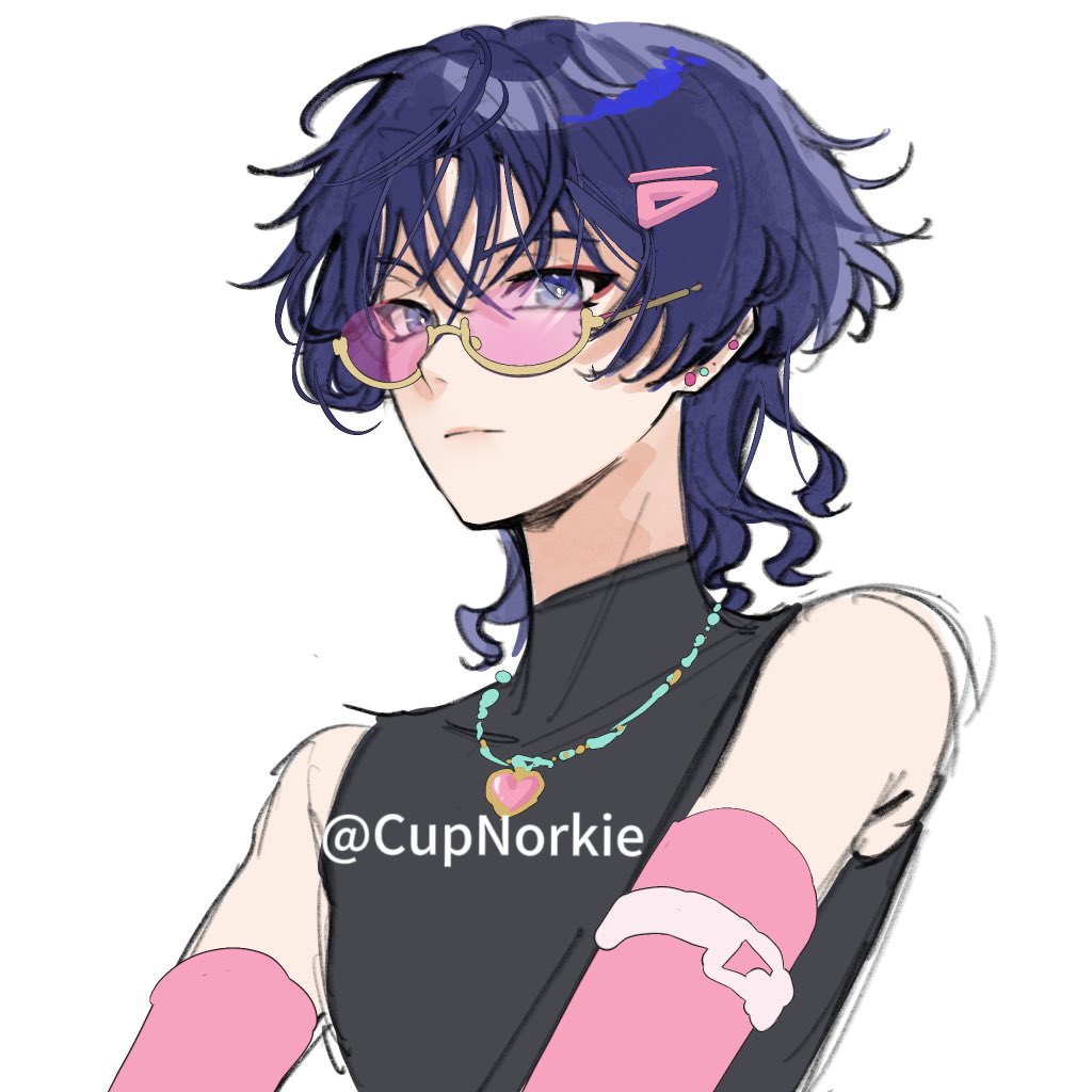 cnorkie, scaramouche (genshin impact), genshin impact, 1boy, alternate costume, bare shoulders, bespectacled, black bodysuit, blue eyes, blunt ends, bodysuit, bright pupils, choppy bangs, closed mouth, crossed bangs, detached sleeves, earrings, eyeliner, eyeshadow, glasses, hair ornament, hairclip, jewelry, looking at viewer, makeup, male focus, pink-framed eyewear, pink sleeves, portrait, red eyeliner, red eyeshadow, semi-rimless eyewear, sketch, solo, tsurime, turtleneck, turtleneck bodysuit, twitter username, white background, white pupils