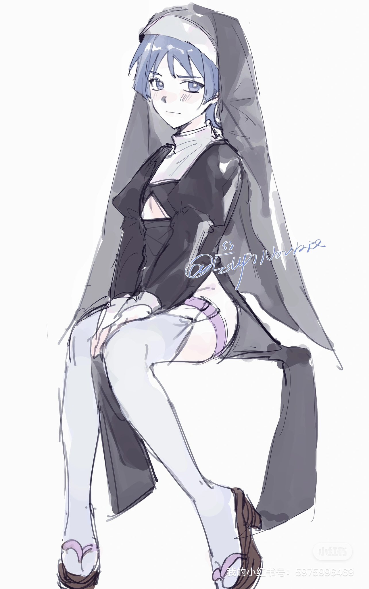 cnorkie, scaramouche (genshin impact), genshin impact, highres, 1boy, alternate costume, black dress, black sleeves, black veil, blunt ends, blush, bright pupils, brown sandals, cleavage cutout, clothing cutout, coif, collar, crossdressing, crossdressing (mtf), dress, full body, grey eyes, grey hair, guimpe, juliet sleeves, long sleeves, looking at viewer, male focus, nun, okobo, pelvic curtain, pink garter straps, platform sandals, puffy sleeves, sandals, solo, thigh strap, thighhighs, twitter username, veil, watermark, white background, white collar, white pupils, white thighhighs, wispy bangs