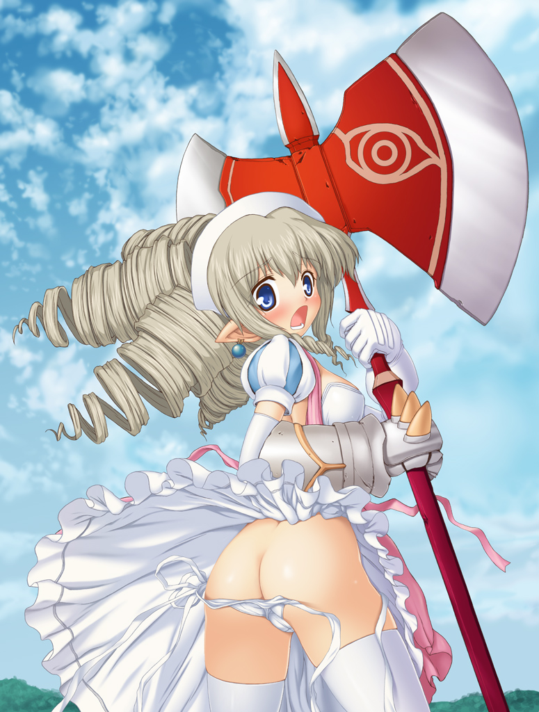 aokihoshi, iron princess ymir, ymir (queen's blade), queen's blade, 00s, 1girl, :o, accidental exposure, armor, armored dress, ass, axe, blonde hair, blue eyes, blush, day, dress, drill hair, dwarf, earrings, embarrassed, female focus, gauntlets, gloves, huge weapon, jewelry, loli, long hair, looking back, panties, panty pull, pointy ears, side-tie panties, sky, solo, thighhighs, underwear, untied panties, upskirt, wardrobe malfunction, weapon, white panties, white thighhighs