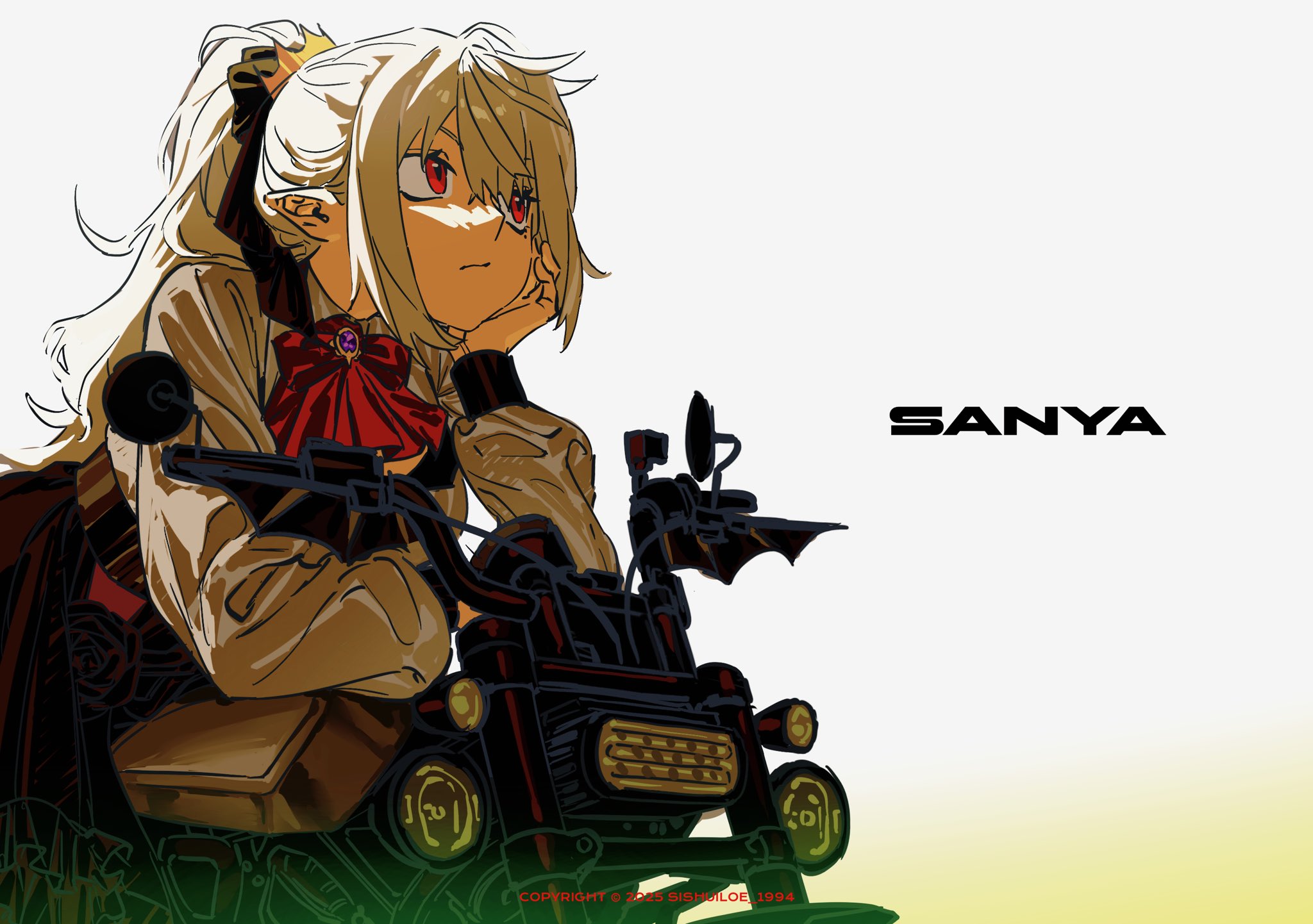 sanya (kuzuha), nijisanji, hashtag-only commentary, highres, 1girl, :/, artist name, ascot, black ribbon, black skirt, bored, bow, bowtie, character name, collared shirt, copyright notice, crown, dated, dress shirt, gem, grey hair, hair between eyes, hair ribbon, hand on own arm, hand on own cheek, hand on own face, high-waist skirt, long sleeves, looking to the side, mini crown, mole, mole under eye, motor vehicle, motorcycle, on motorcycle, pointy ears, ponytail, purple gemstone, red ascot, red bow, red eyes, ribbon, sanpaku, shirt, sidelocks, sishuiloe 1994, skirt, solo, virtual youtuber, white background, white shirt