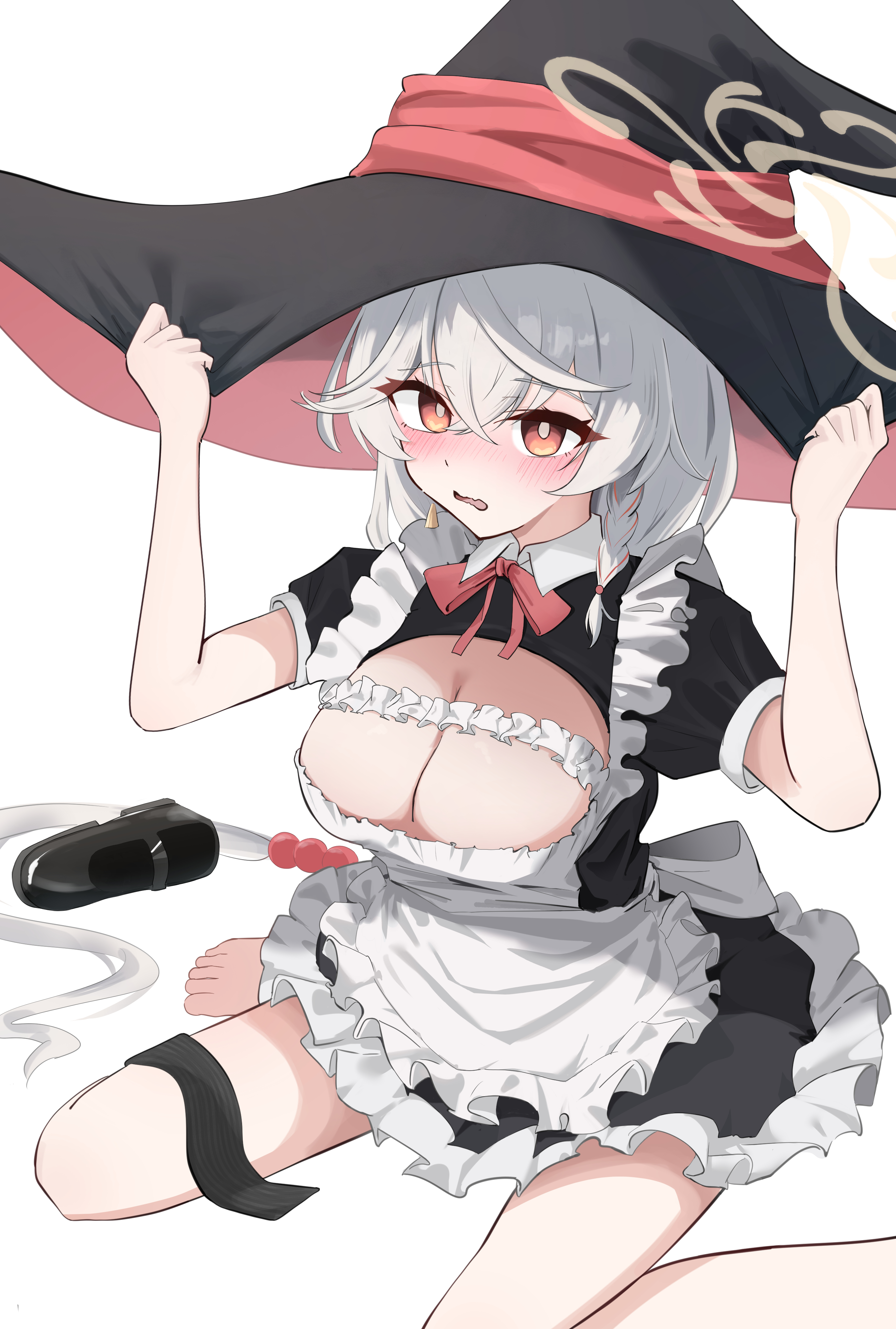 eri (blue archive), blue archive, absurdres, highres, 1girl, alternate costume, apron, black dress, black hat, braid, breasts, cleavage, dress, embarrassed, frilled apron, frills, halo, hat, large breasts, long hair, maid, maid apron, no ra339, open mouth, orange eyes, puffy short sleeves, puffy sleeves, short sleeves, side braid, simple background, sitting, solo, tilted halo, very long hair, wariza, white apron, white background, white hair, witch hat, yellow halo