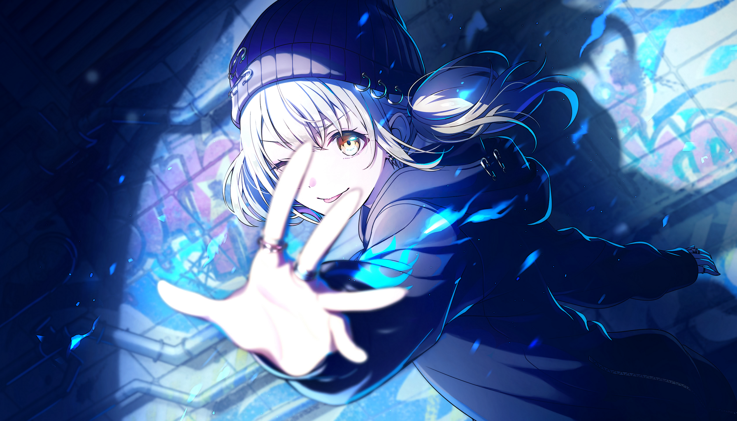 colorful palette, azusawa kohane, project sekai, game cg, highres, official art, third-party source, 1girl, beanie, black hat, black hoodie, blonde hair, blurry, depth of field, graffiti, hat, hood, hoodie, jewelry, medium hair, multiple rings, official alternate costume, one eye closed, outstretched arm, rekindle the flame (project sekai), ring, safety pin, solo, tongue, twintails, yellow eyes
