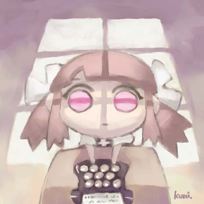 tanaka kunihiko, original, archived source, commentary, english commentary, lowres, artist name, black dress, blunt bangs, bow, brown hair, cross, cross print, dress, from above, hair bow, long hair, long sidelocks, looking up, low twintails, muntins, no nose, no pupils, no sclera, pale color, pink eyes, print dress, ruby-ko, short sleeves, sidelocks, solid circle eyes, table, twintails, typewriter, white bow, white sleeves, window light