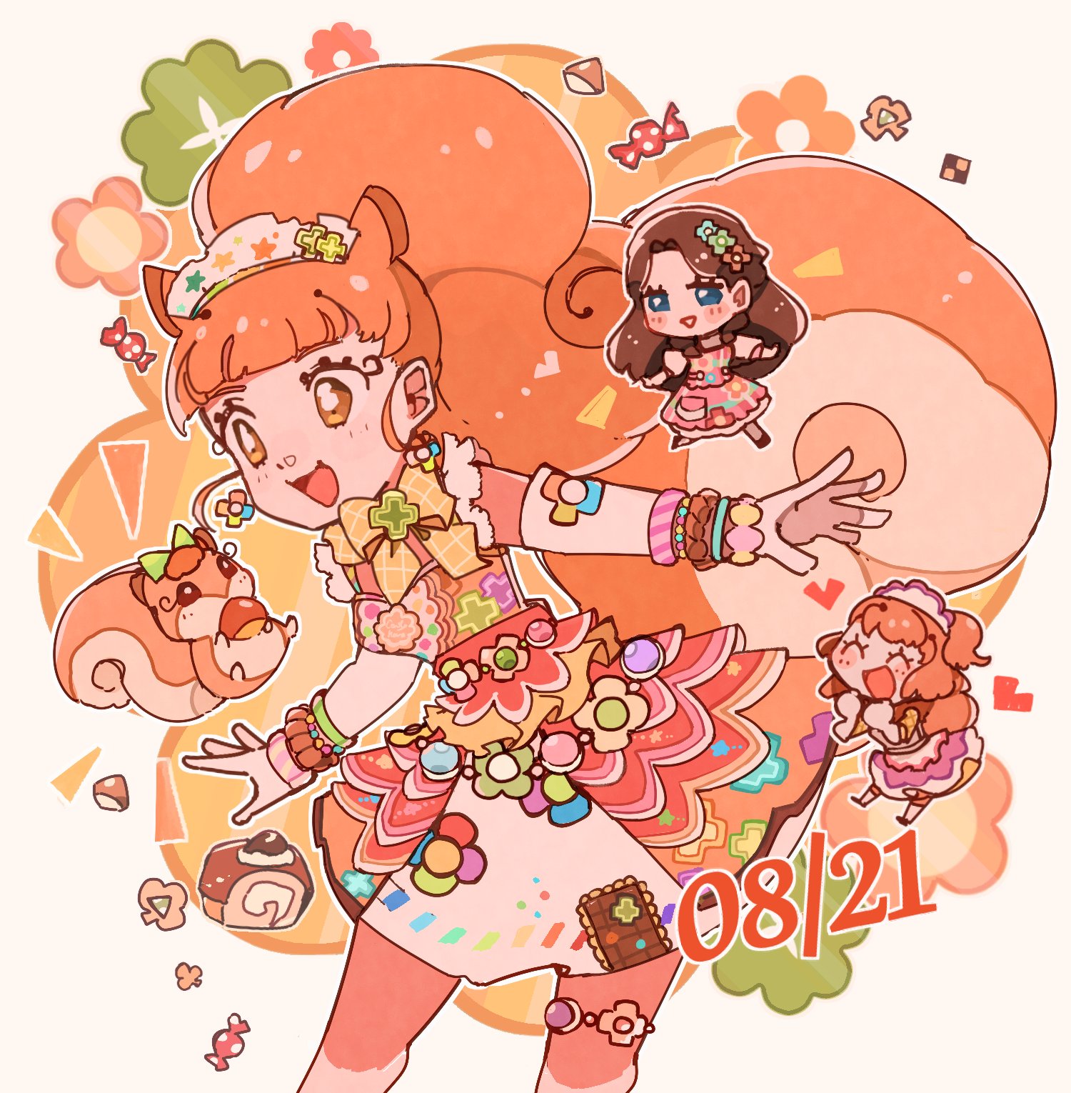 yukikokoro, kurisu kokone, ozora akari, shirakaba risa, aikatsu!, aikatsu! (series), commentary request, highres, 3girls, :d, animal ears, blunt bangs, bracelet, brown hair, cake, candy, chibi, clover, cookie, cowboy shot, dress, food, jewelry, long hair, mini person, minigirl, multiple girls, open mouth, orange dress, orange hair, outline, ponytail, print dress, smile, solo focus, squirrel, squirrel ears, squirrel girl, squirrel tail, standing, swiss roll, tail, white outline