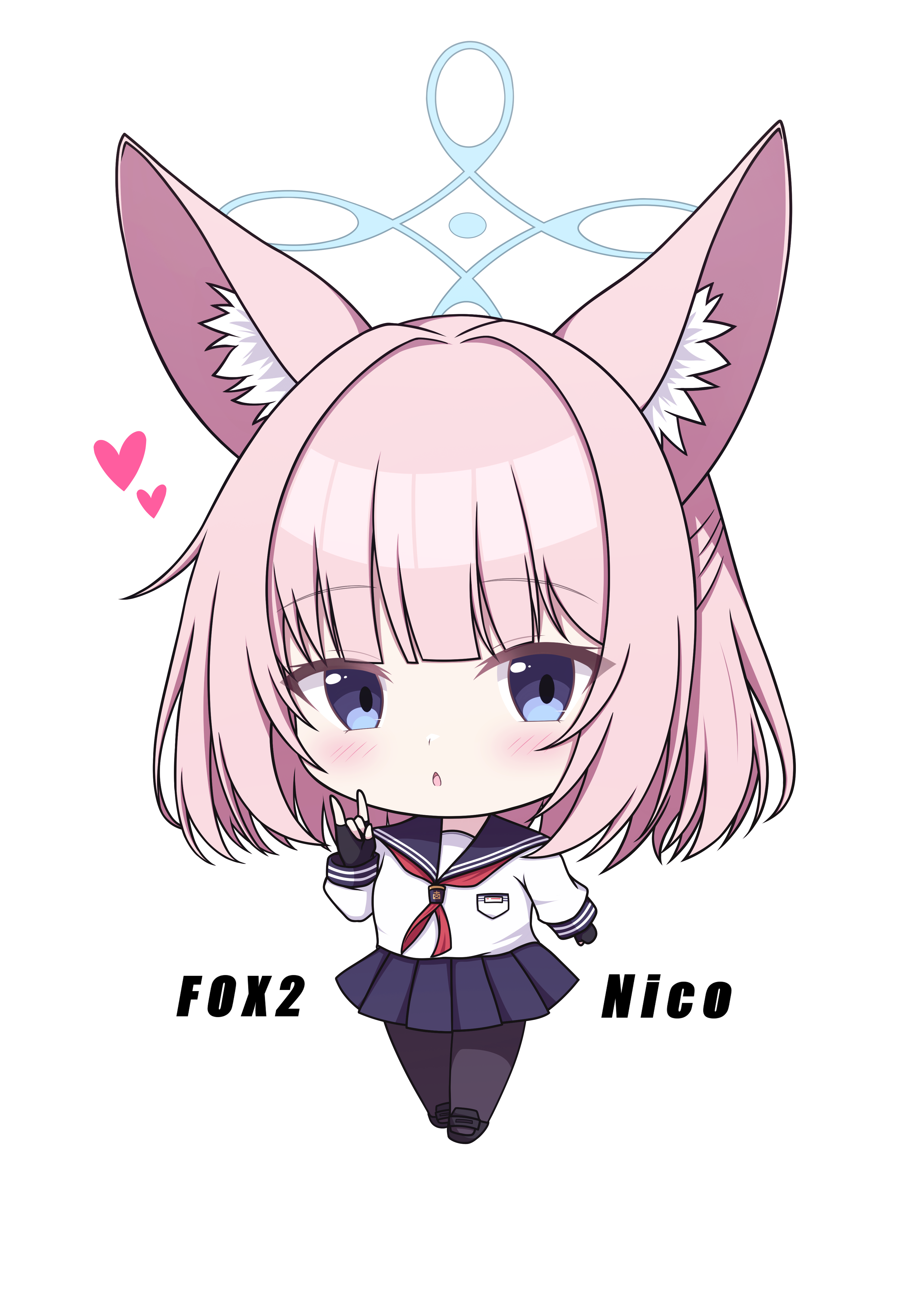 magaasha, niko (blue archive), blue archive, absurdres, commentary, highres, 1girl, animal ear fluff, animal ears, black gloves, black pantyhose, black sailor collar, black skirt, blue halo, blunt bangs, character name, chibi, chibi only, fingerless gloves, fox ears, fox girl, fox shadow puppet, full body, gloves, half updo, halo, hand up, heart, long sleeves, medium hair, miniskirt, neckerchief, pantyhose, pink hair, pleated skirt, red neckerchief, sailor collar, school uniform, serafuku, shirt, simple background, skirt, solo, straight hair, white background, white shirt