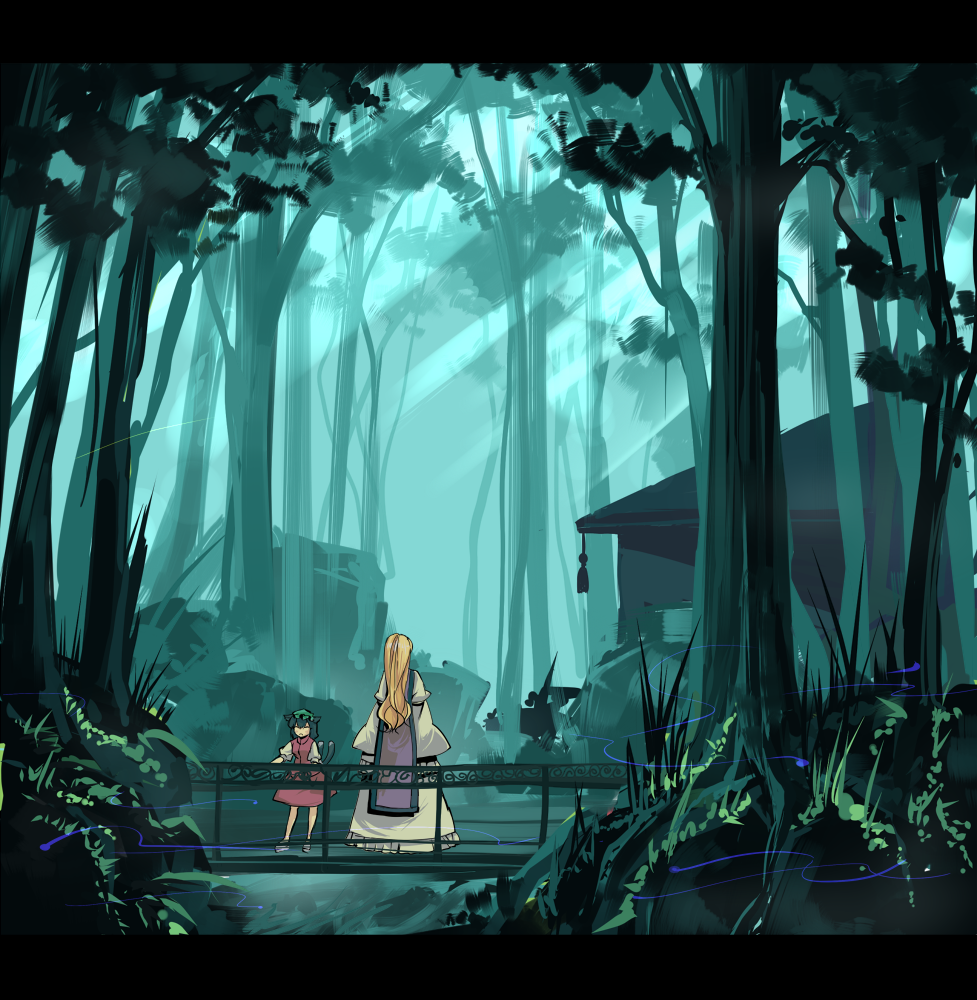 garnet, chen, yakumo yukari, touhou, 2girls, animal ears, blonde hair, cat ears, cat tail, female focus, forest, hat, letterboxed, light rays, long hair, multiple girls, nature, ribbon, scenery, sunbeam, sunbeams, sunlight, tabard, tail, tree