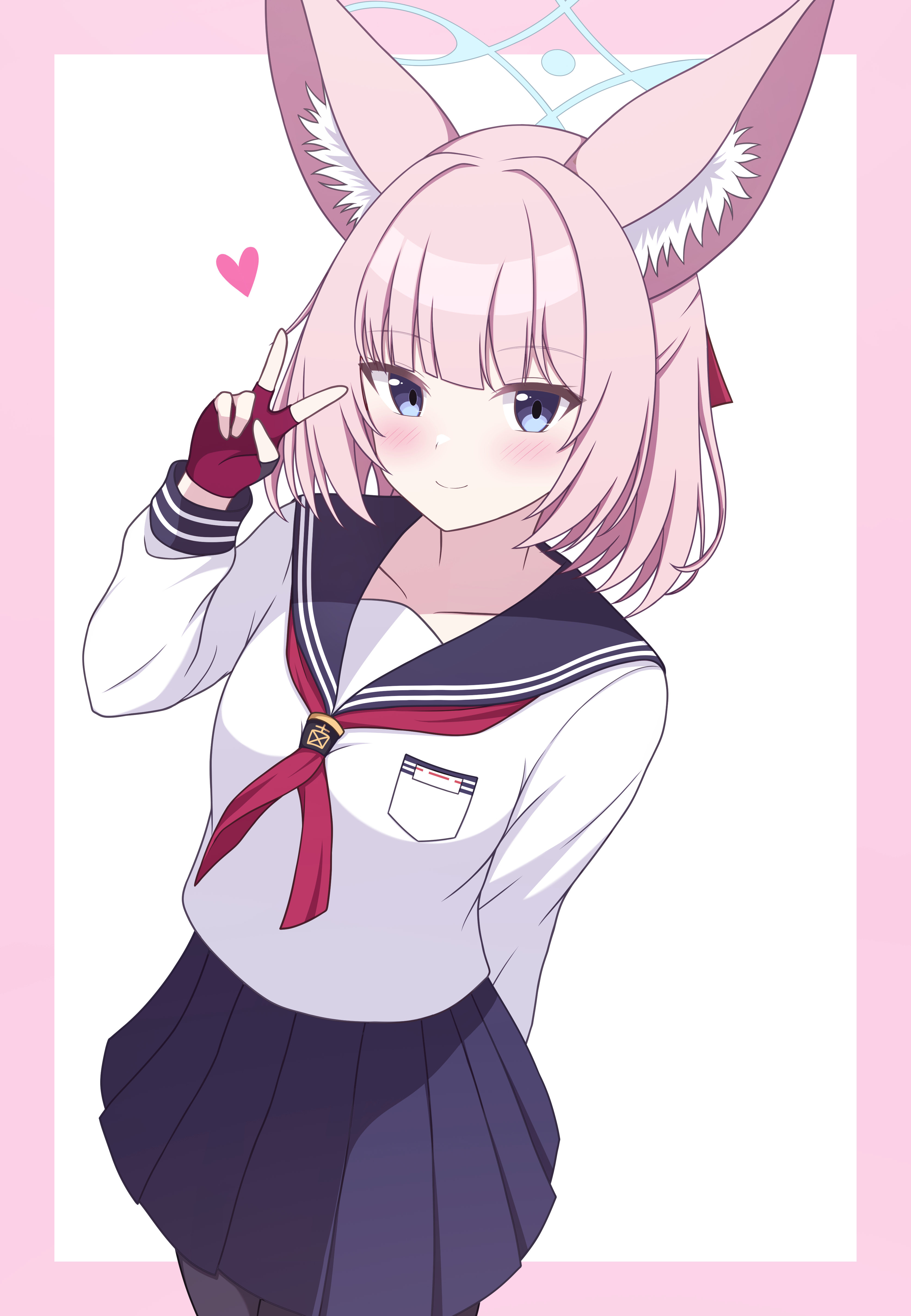 magaasha, niko (blue archive), blue archive, absurdres, commentary request, highres, 1girl, animal ear fluff, animal ears, arm behind back, black skirt, blue eyes, blue halo, blunt bangs, blush, border, closed mouth, cowboy shot, fingerless gloves, fox ears, fox girl, gloves, half updo, halo, hand up, long sleeves, looking at viewer, medium hair, miniskirt, neckerchief, outside border, pink border, pink hair, pleated skirt, red gloves, red neckerchief, school uniform, serafuku, shirt, simple background, skirt, smile, solo, straight hair, v, white background, white shirt