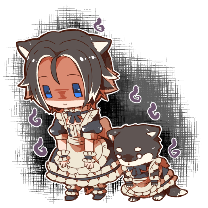 shunrai, keel (tate no yuusha no nariagari), tate no yuusha no nariagari, commentary request, 1girl, abstract background, animal, animal ears, animal in clothes, black background, black bow, black bowtie, black dress, black hair, black wrist cuffs, bow, bowtie, curtained hair, deformed, dog, dog ears, dog girl, dog tail, dress, empty eyes, flat chest, forehead, frilled dress, frilled wrist cuffs, frills, full body, gloom (expression), grey background, keel (dog) (tate no yuusha no nariagari), long dress, maid, medium hair, multicolored hair, raised eyebrows, reverse trap, short sleeves, smile, solo, standing, streaked hair, tail, time paradox, two-tone dress, two-tone hair, white background, white dress, white hair, wrist cuffs