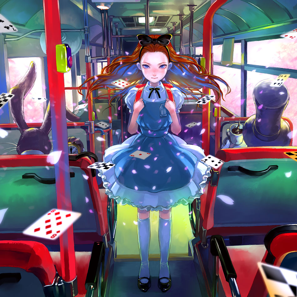 zain, alice (alice in wonderland), mad hatter (alice in wonderland), white rabbit (alice in wonderland), alice's adventures in wonderland, vehicle, 1girl, backpack, bag, blonde hair, blue eyes, bow, brown hair, bus, bus interior, card, cherry blossoms, coffee, colorful, cup, dress, floating card, hair bow, hat, kneehighs, long hair, motor vehicle, petals, pocket watch, randoseru, socks, tea, top hat, train, train interior, tray, vanishing point, watch