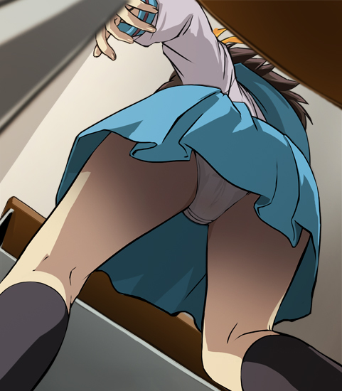 haruyama kazunori, suzumiya haruhi, suzumiya haruhi no yuuutsu, 00s, 1girl, ass, brown hair, cameltoe, female focus, from below, kneehighs, kneepits, panties, pantyshot, school uniform, serafuku, short hair, skirt, socks, solo, underwear, upskirt, white panties
