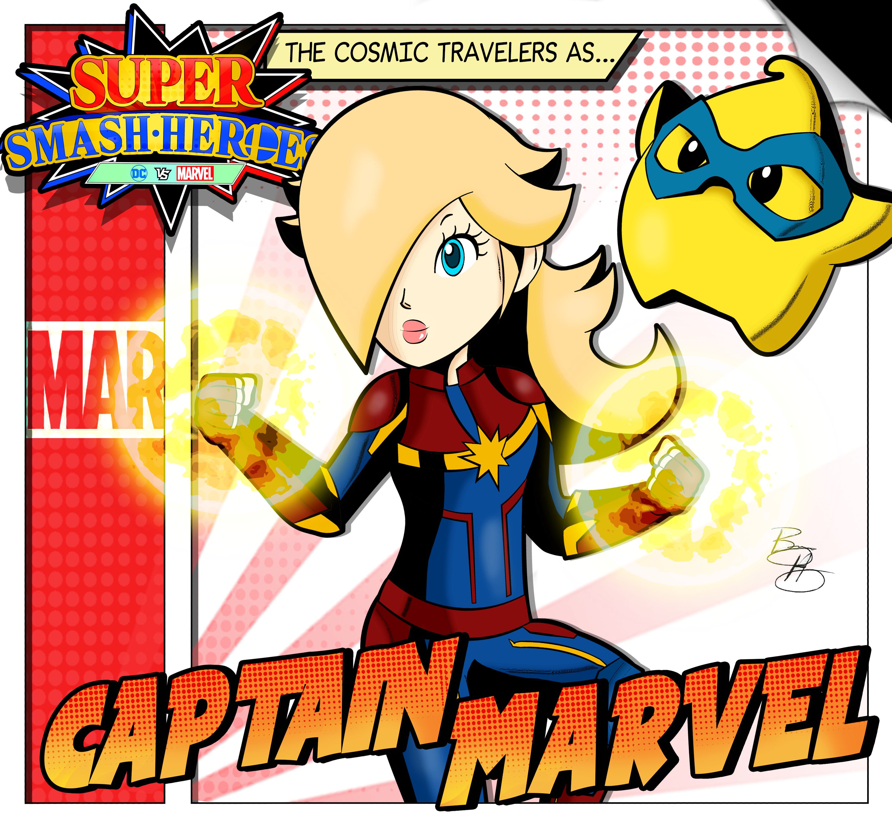 eternalflamebry, captain marvel, luma (mario), rosalina, mario (series), marvel, nintendo, absurdres, comic cover, highres, 1girl, blonde hair, blue bodysuit, blue eyes, bodysuit, breasts, captain marvel (cosplay), cosplay, gloves, hair over one eye, long hair, medium breasts, multicolored bodysuit, red bodysuit, red gloves, striped bodysuit, superhero costume
