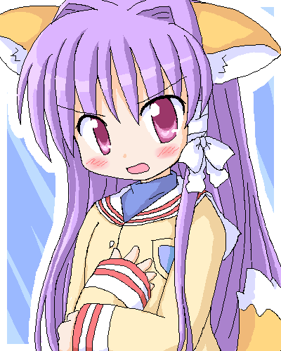 geetsu, fujibayashi kyou, clannad, lowres, 00s, 1girl, 2004, animal ears, blush, cat ears, female focus, long hair, oekaki, purple eyes, purple hair, school uniform, solo