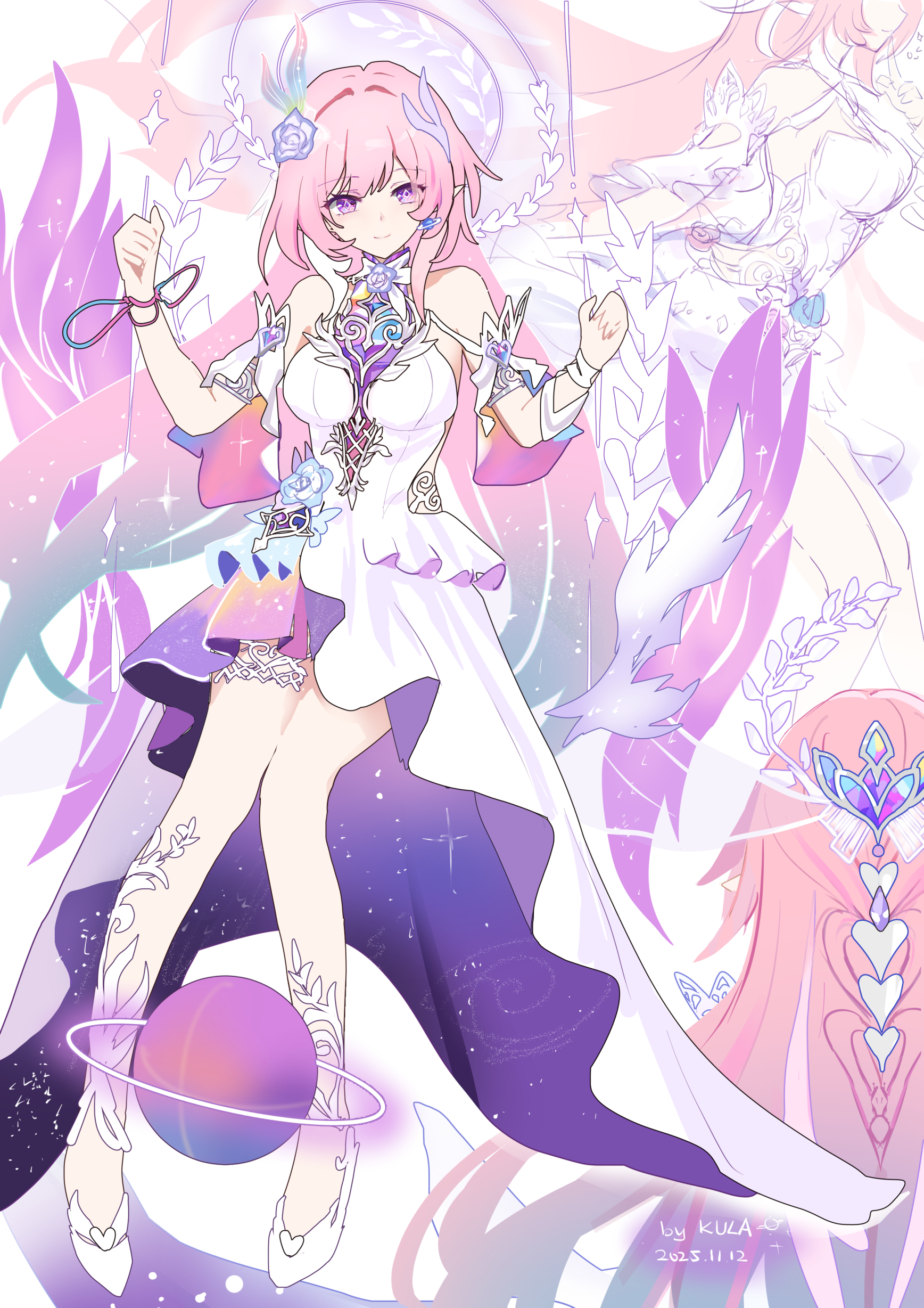 kkkula (kula), cyrene (honkai: star rail), cyrene (ripples of past reverie) (honkai: star rail), honkai: star rail, honkai (series), absurdres, commentary, highres, 1girl, armlet, artist name, bare shoulders, blue hair, breasts, closed mouth, dated, diamond-shaped pupils, diamond (shape), dress, flower, gradient hair, hair flower, hair ornament, halo, halo behind head, jewelry, large breasts, long hair, looking at viewer, multicolored hair, multiple views, on swing, pink hair, pointy ears, purple eyes, purple flower, purple rose, rose, shoes, sidelocks, sketch, smile, swing, symbol-shaped pupils, very long hair, white dress, white shoes