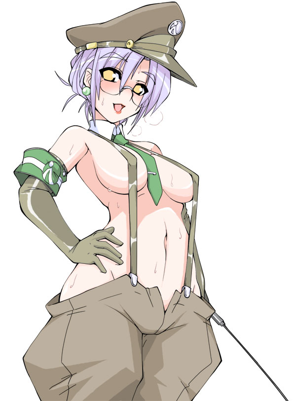 ruriwo (ruriwo1894), kiri-san, futaba channel, nijiura maids, bad id, bad pixiv id, 1girl, armband, blush, breasts, breath, brown eyes, cleavage, elbow gloves, female focus, glasses, gloves, hat, lipstick, makeup, military, military uniform, naked suspenders, navel, necktie, no panties, peaked cap, purple hair, revealing clothes, riding crop, solo, suspenders, sweat, topless female, whip
