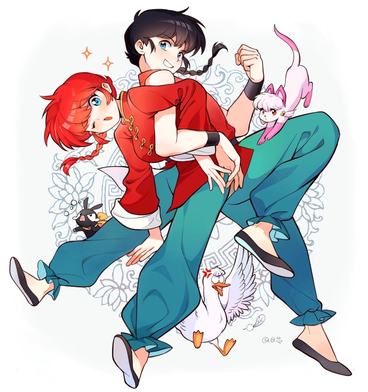 mousse (arknights), ranma-chan, saotome ranma, shampoo (cat), ranma 1/2, tagme, 1boy, 1girl, black hair, blue eyes, braid, braided ponytail, chinese clothes, dual persona, red hair