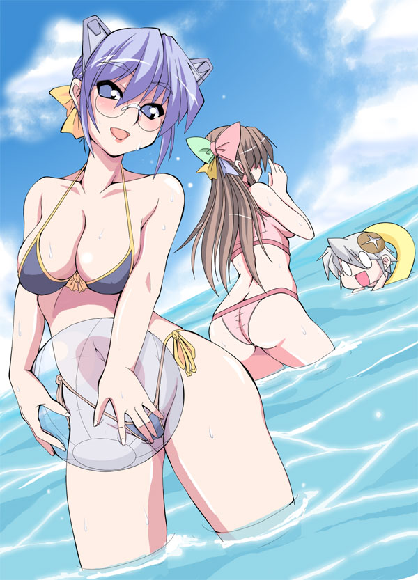 ruriwo (ruriwo1894), 2k-tan, 95-tan, visbou, vista-tan, os-tan, bad id, bad pixiv id, 0 0, 3girls, ass, back, ball, beach, beachball, bikini, blue eyes, blue hair, breasts, brown hair, butt crack, chibi, cleavage, day, glasses, head tilt, highleg, highleg bikini, large breasts, multiple girls, outdoors, panties, side-tie bikini bottom, side-tie panties, swimsuit, underwear, wading, water