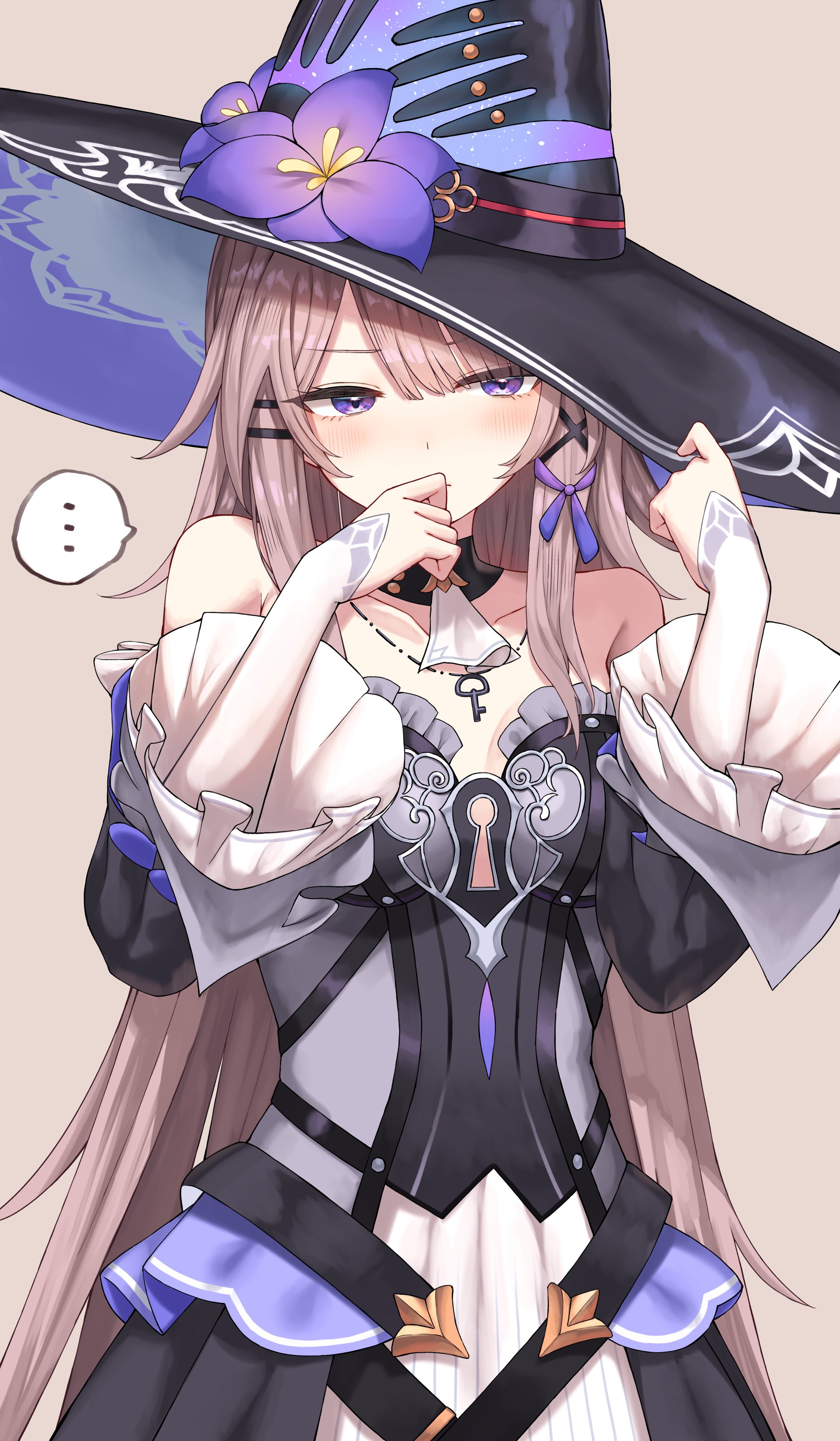 yamato (muchuu paradigm), herta (honkai: star rail), the herta (honkai: star rail), honkai: star rail, honkai (series), absurdres, commentary request, highres, …, 1girl, bare shoulders, black dress, black hat, black sleeves, blush, breasts, covering own mouth, detached sleeves, dress, grey background, grey hair, hat, jewelry, key, key necklace, long hair, medium breasts, necklace, purple eyes, solo, spoken ellipsis, strapless, strapless dress, upper body, wide sleeves, witch hat
