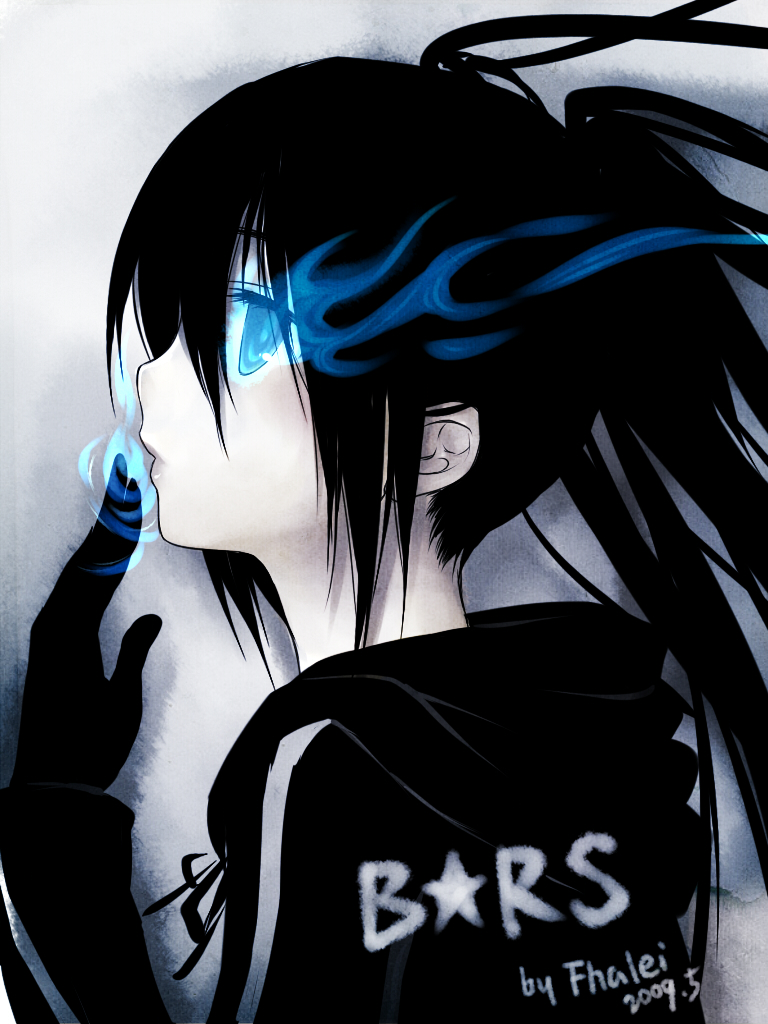 fhalei, black rock shooter (character), black rock shooter, vocaloid, bad id, bad pixiv id, 10s, 1girl, black hair, blue eyes, female focus, glowing, glowing eyes, gradient background, long hair, pale skin, profile, solo, twintails