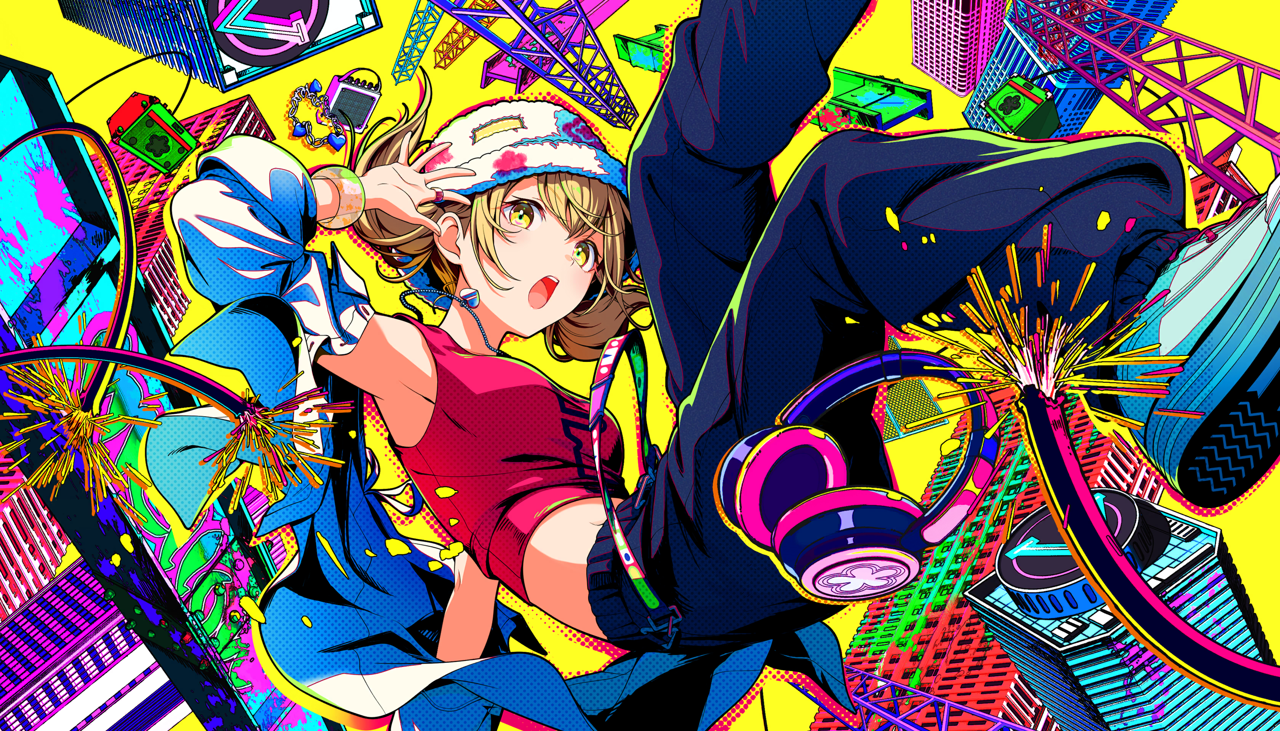colorful palette, azusawa kohane, project sekai, game cg, highres, official art, third-party source, 1girl, armpits, black pants, blonde hair, bracelet, break down the wall (project sekai), breasts, broken wires, building, crop top, detached sleeves, foot out of frame, hat, headphones, heart, jewelry, official alternate costume, open mouth, pants, shoes, solo, sparks, teeth, tongue, twintails, upper teeth only, utility pole, white hat, white shoes, white sleeves, yellow background, yellow eyes