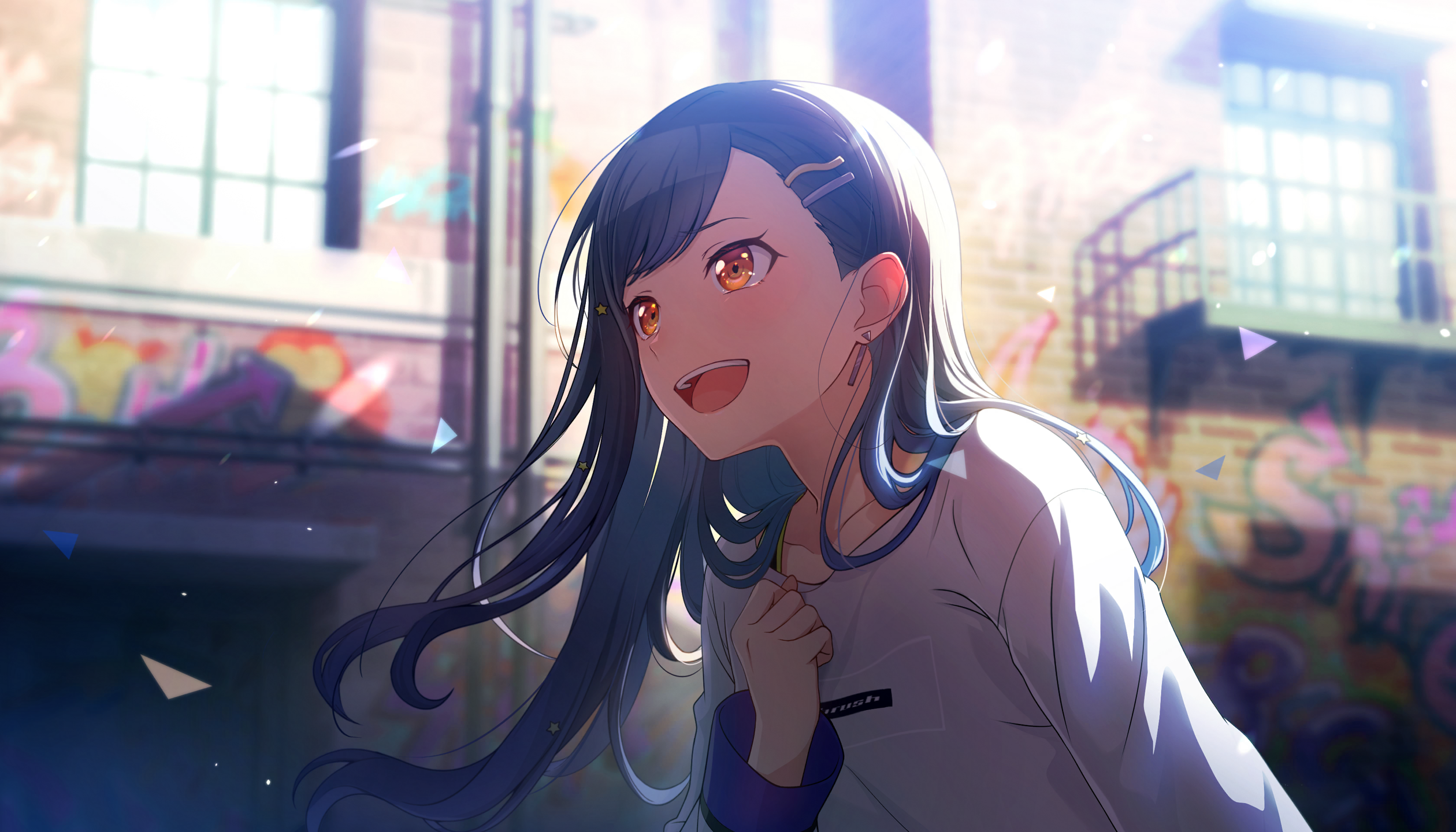 colorful palette, shiraishi an, project sekai, game cg, highres, official art, third-party source, 1girl, :d, black hair, blue hair, blurry, blurry background, break down the wall (project sekai), earrings, gradient hair, graffiti, hair ornament, hairclip, jewelry, light particles, long hair, looking afar, multicolored hair, open mouth, orange eyes, shirt, smile, solo, teeth, tongue, triangle, upper teeth only, white shirt