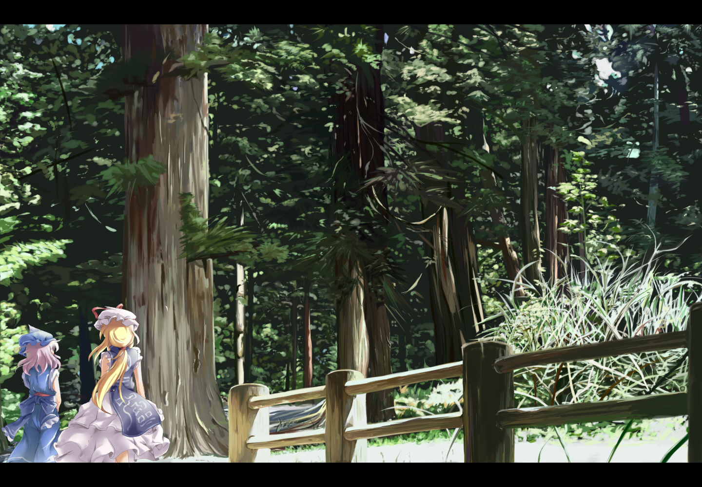 nejime, saigyouji yuyuko, yakumo yukari, touhou, bad id, bad pixiv id, 2girls, blonde hair, female focus, fence, forest, frilled headwear, hat, letterboxed, multiple girls, nature, outdoors, pink hair, ponytail, scenery, tabard, tree