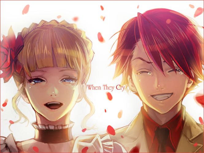 agasang, beatrice (umineko), ushiromiya battler, umineko no naku koro ni, 00s, blonde hair, petals, red hair, smile, tears