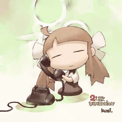 tanaka kunihiko, original, archived source, commentary, english commentary, lowres, 1girl, ahoge, antique phone, artist name, black dress, blunt bangs, bow, cable, closed eyes, closed mouth, corded phone, cross, cross print, dress, expressionless, full body, green background, hair bow, head tilt, holding, holding phone, long dress, long hair, long sidelocks, low twintails, phone, print dress, rotary phone, ruby-ko, scissors, seiza, shadow, short sleeves, sidelocks, sitting, solo, twintails, white bow, white sleeves