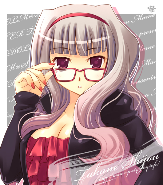 mame-p, shijou takane, idolmaster, idolmaster (classic), bad id, bad pixiv id, 00s, 1girl, adjusting eyewear, breasts, cleavage, female focus, glasses, hairband, large breasts, long hair, nail polish, orange nails, purple eyes, solo