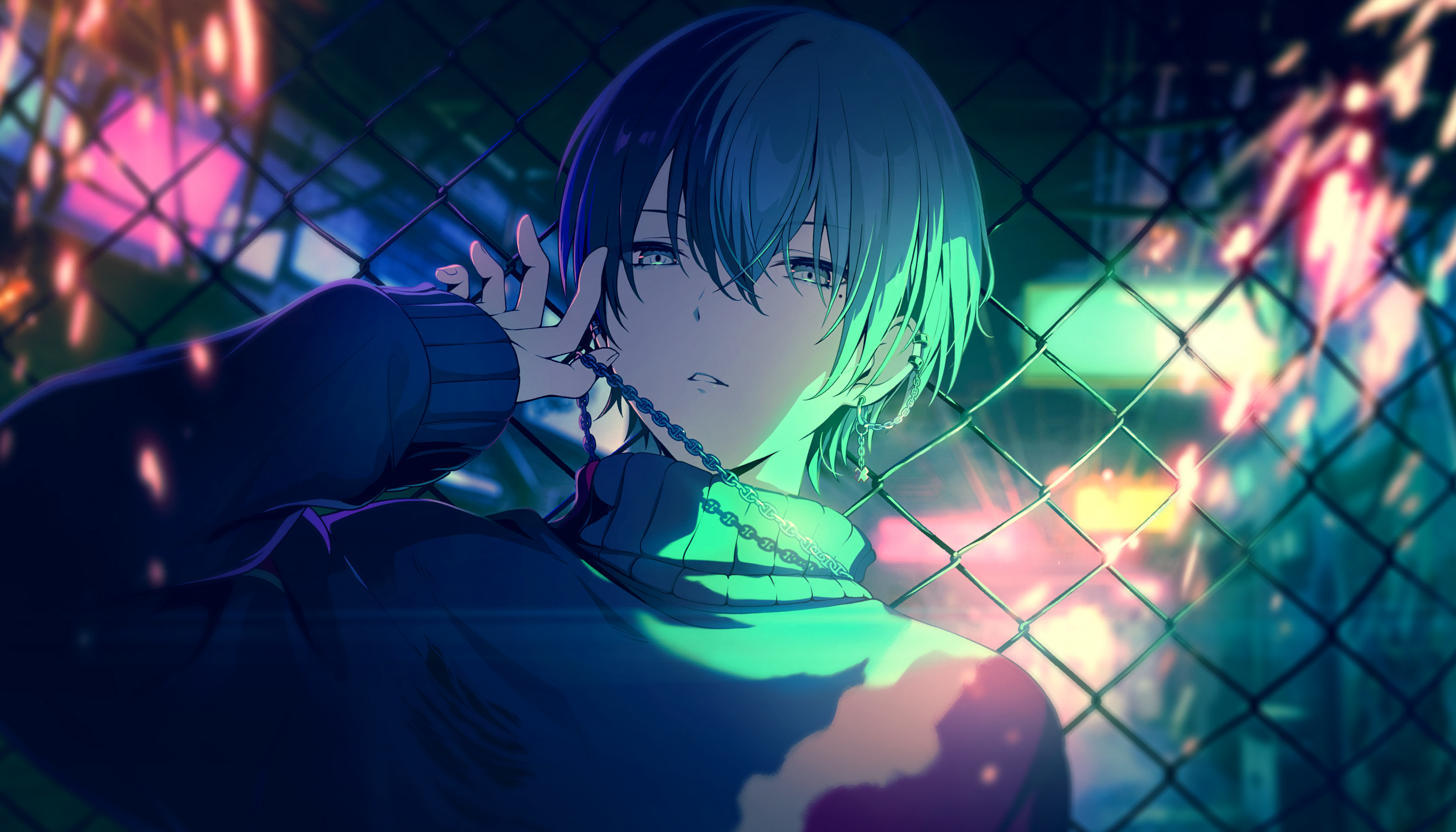 colorful palette, aoyagi touya, project sekai, game cg, highres, official art, third-party source, 1boy, blue hair, break down the wall (project sekai), chain-link fence, fence, fingernails, grey eyes, hair between eyes, jewelry, long sleeves, looking at viewer, male focus, mole, mole under eye, multicolored hair, necklace, official alternate costume, parted lips, short hair, sleeves past wrists, solo, split-color hair, sweater, teeth, turtleneck, turtleneck sweater