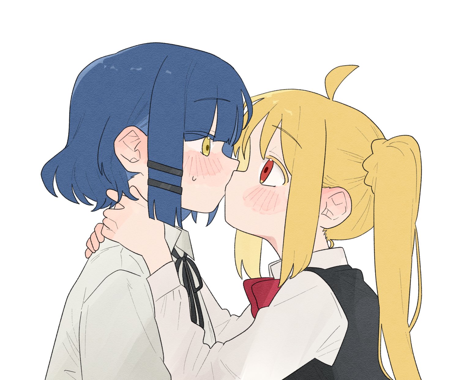ijichi nijika, yamada ryo, bocchi the rock!, highres, 2girls, ahoge, black sweater vest, blonde hair, blue hair, blush, collared shirt, hand on another's neck, jo9a5d, kiss, multiple girls, red eyes, school uniform, shimokitazawa high school uniform, shirt, short hair, side ponytail, simple background, sweater vest, white background, white shirt, yellow eyes, yuri