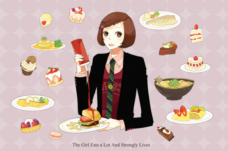 shikanaka, original, striped, bad id, bad pixiv id, 1girl, blazer, braid, brown eyes, brown hair, burger, cake, cream puff, dress shirt, english text, engrish text, female focus, food, french fries, fruit, hair ornament, hairclip, holding, jacket, ketchup, macaron, multicolored nails, nail art, nail polish, necktie, omelet, omurice, pastry, ranguage, shirt, short hair, solo, strawberry, sweater vest, text focus