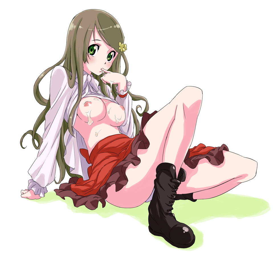 toru k, hungary (hetalia), axis powers hetalia, bad id, bad pixiv id, 00s, 1girl, apron, arm support, blouse, blush, boots, breasts, brown hair, clothes lift, cum, cum on body, cum on breasts, cum on upper body, female focus, finger in own mouth, flower, green eyes, hair flower, hair ornament, large breasts, long hair, long legs, long sleeves, nipples, no bra, shirt, shirt lift, shoes, sitting, skirt, solo