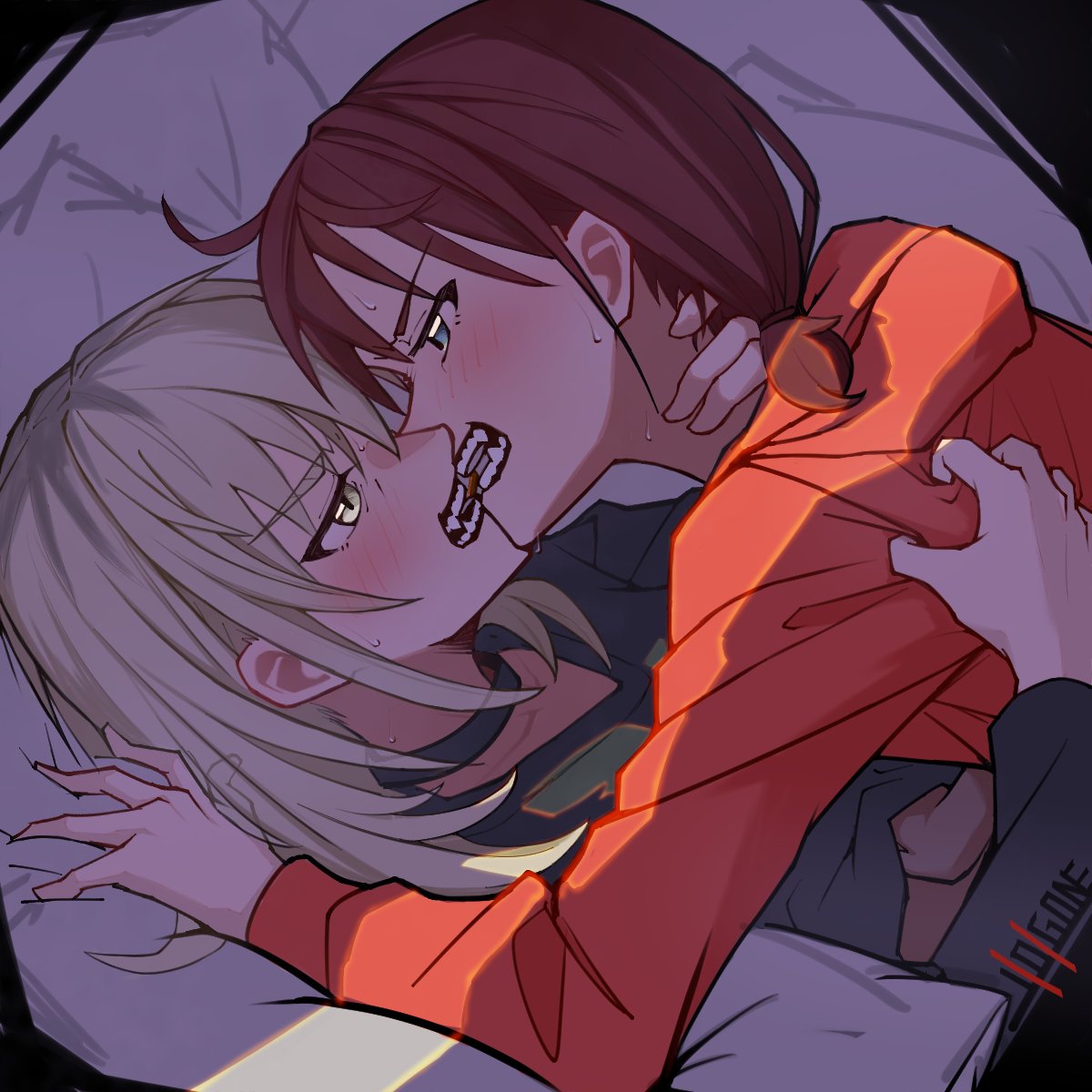 401gone, iseri nina, kawaragi momoka, girls band cry, commentary request, highres, 2girls, black choker, black sweater, blue eyes, choker, clenched teeth, clothes grab, grey eyes, grey hair, jacket, long hair, multicolored hair, multiple girls, red hair, red jacket, roots (hair), short twintails, sweat, sweater, teeth, twintails, yuri