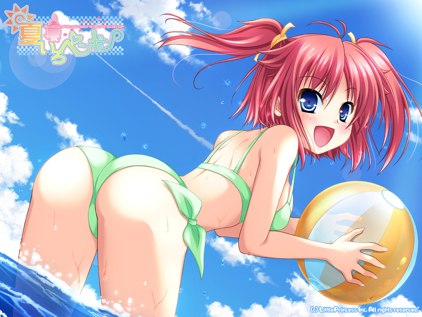 alto seneka, hiiragi yuka, galge.com, natsuiro penguin, 1girl, ass, ball, beach, beachball, bikini, blue eyes, blush, breasts, cloud, day, dutch angle, female focus, from below, green bikini, happy, ocean, outdoors, red hair, short hair, sky, smile, solo, swimsuit, twintails, two side up, water, wet