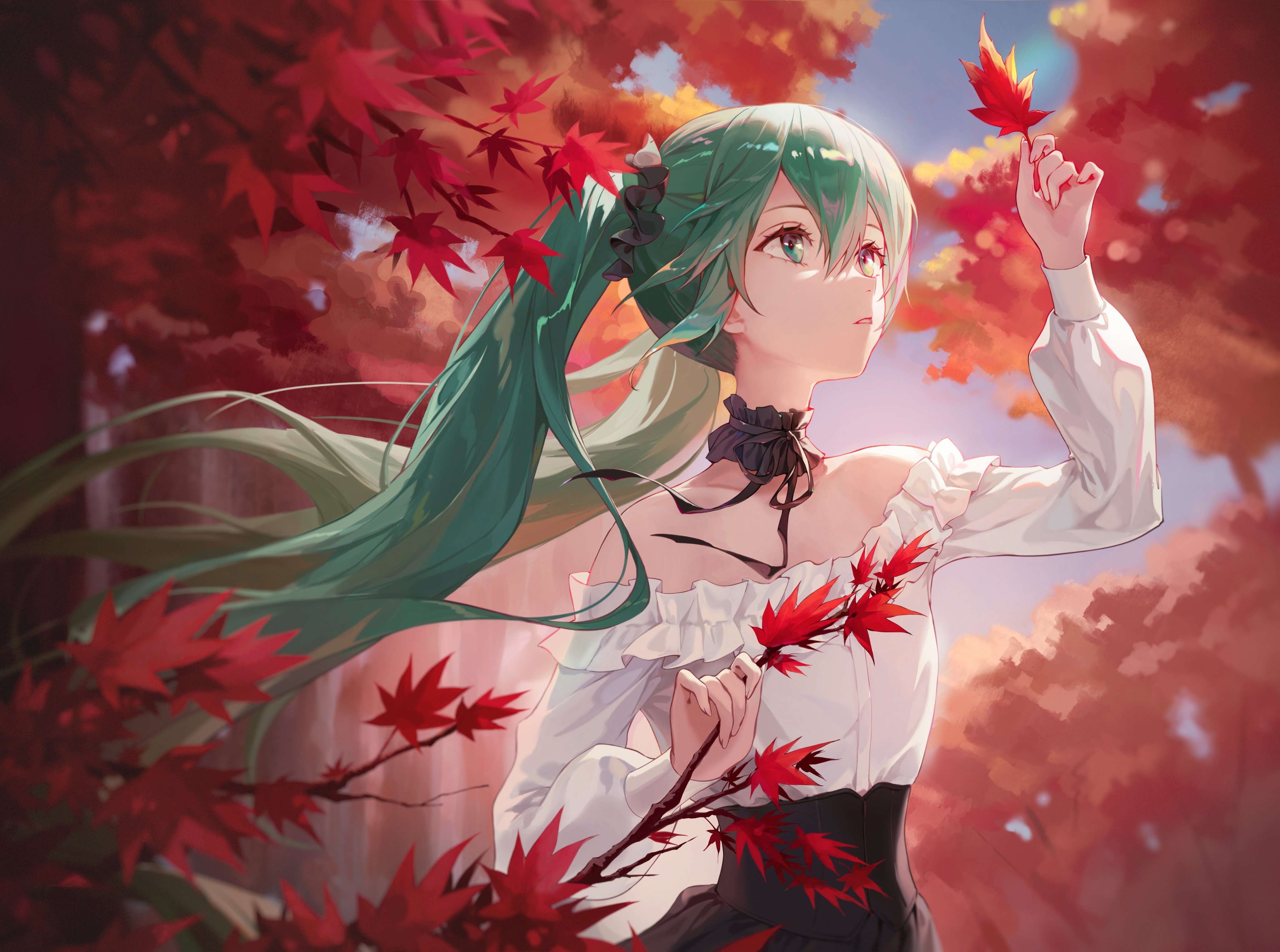 alohayuja, hatsune miku, vocaloid, absurdres, highres, 1girl, alternate costume, arm up, autumn, autumn leaves, bare shoulders, black bow, black scrunchie, black skirt, blurry, blurry background, blurry foreground, bow, branch, choker, depth of field, double-parted bangs, frilled choker, frilled shirt, frills, green eyes, green hair, hair between eyes, hair ornament, hair scrunchie, holding, holding branch, holding leaf, leaf, long hair, long sleeves, looking at object, nature, off shoulder, outdoors, parted lips, scrunchie, shirt, sidelighting, skirt, solo, standing, twintails, upper body, white shirt, white sleeves, wind