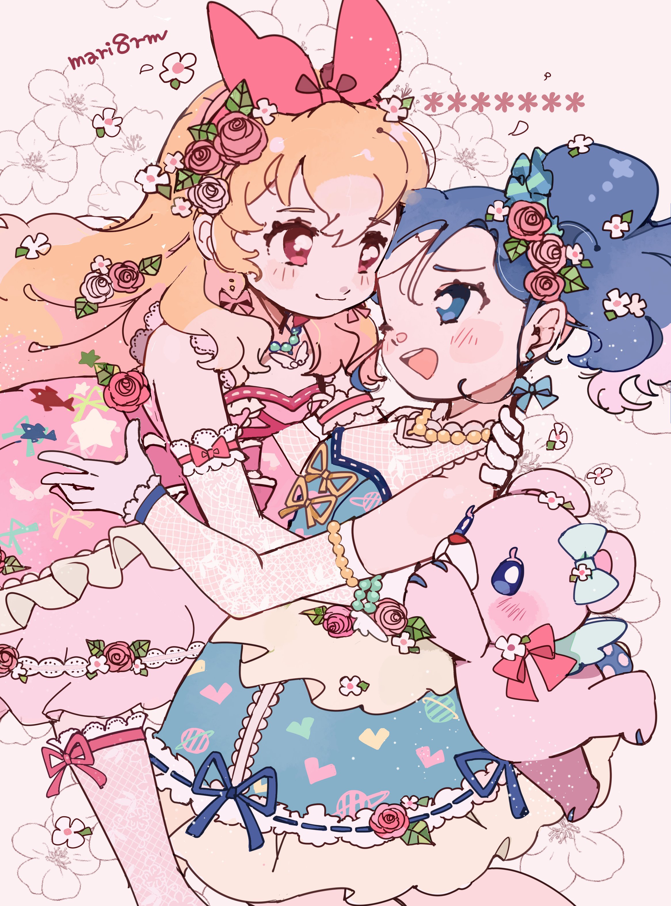 yukikokoro, hoshimiya ichigo, kiriya aoi, aikatsu!, aikatsu! (series), absurdres, highres, 2girls, blonde hair, blue dress, blue eyes, blue hair, blue ribbon, bow, cowboy shot, dress, elbow gloves, floral background, flower, gloves, hair bow, hair flower, hair ornament, heart, hug, idol clothes, long hair, looking at another, multiple girls, open mouth, pink dress, pink flower, pink ribbon, pink rose, red eyes, ribbon, rose, smile, standing, stuffed animal, stuffed toy, teddy bear, white gloves