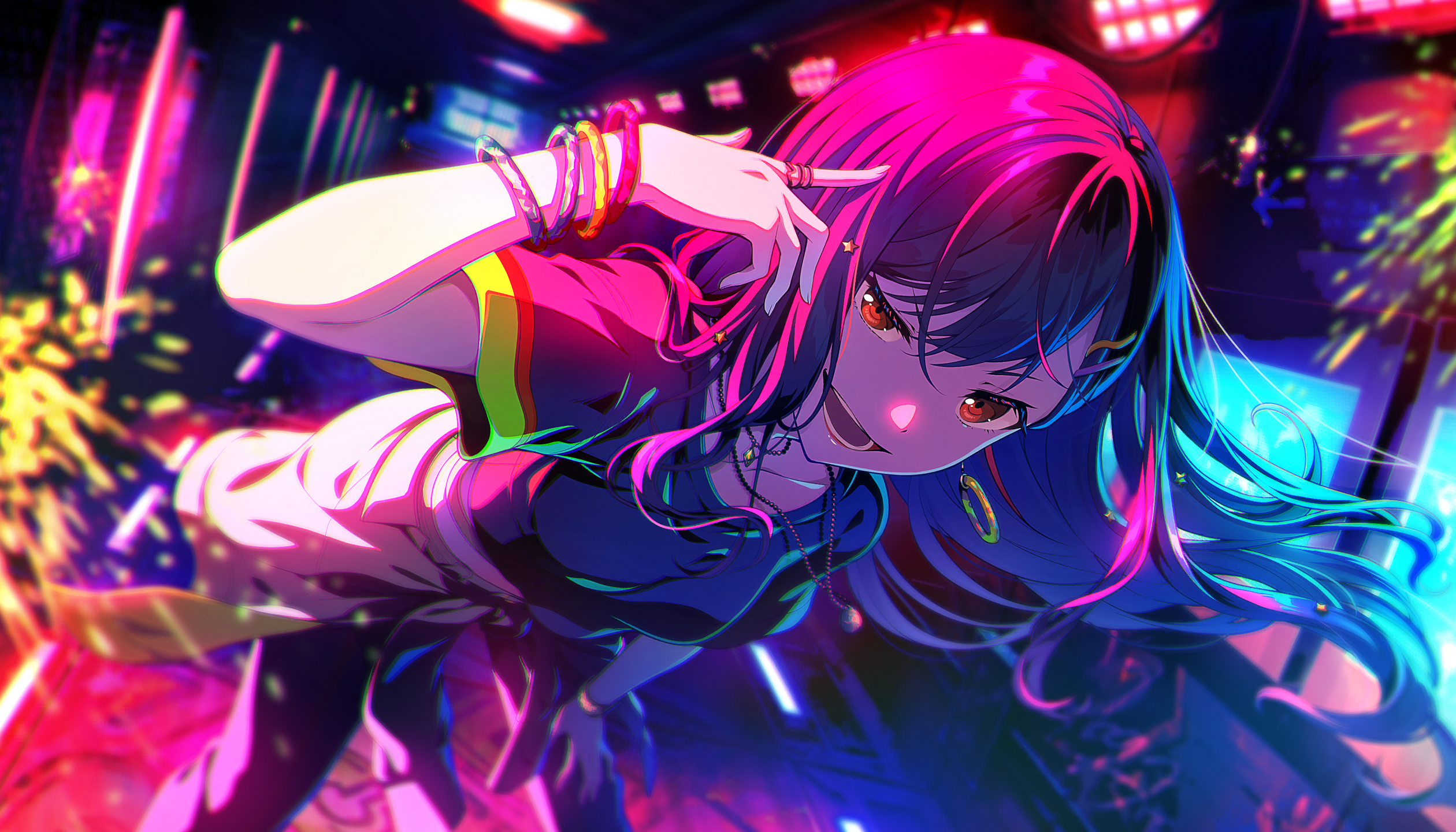 colorful palette, shiraishi an, project sekai, game cg, highres, official art, third-party source, 1girl, :d, alternate eye color, black hair, black shirt, blurry, blurry background, bracelet, break down the wall (project sekai), clothes around waist, earrings, hair ornament, jewelry, long hair, multiple bracelets, multiple rings, necklace, official alternate costume, open mouth, pants, red eyes, ring, shirt, smile, solo, star (symbol), star hair ornament, teeth, tongue
