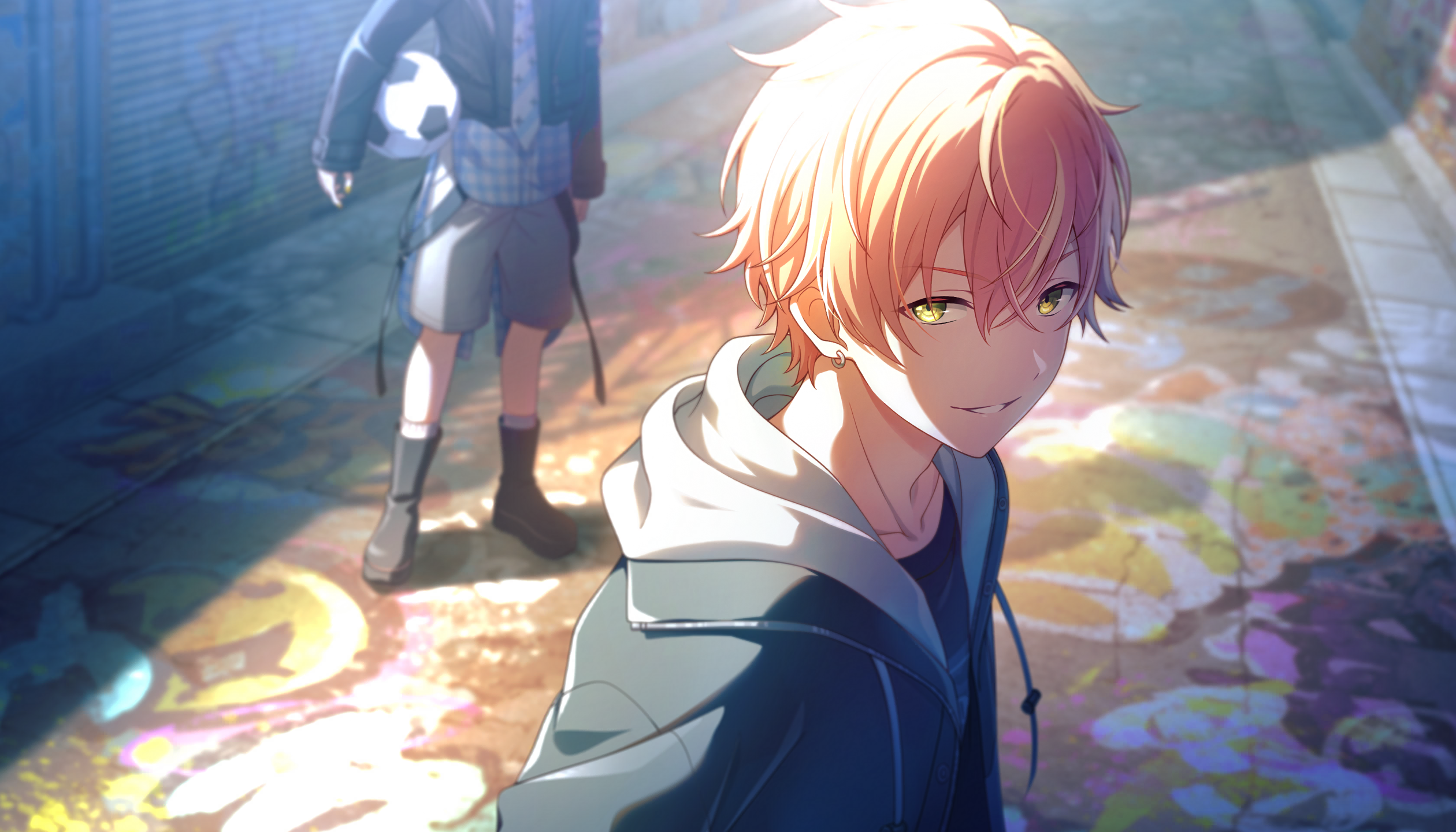 colorful palette, kagamine len, shinonome akito, vivid bad squad len, project sekai, vocaloid, game cg, highres, official art, third-party source, 2boys, ball, black jacket, black shirt, black shoes, blonde streaks, break down the wall (project sekai), collarbone, ear piercing, graffiti, grey shorts, grin, head out of frame, jacket, male focus, multiple boys, necktie, open clothes, open jacket, orange hair, parted lips, piercing, shirt, shoes, shorts, smile, soccer ball, solo focus, teeth, yellow eyes