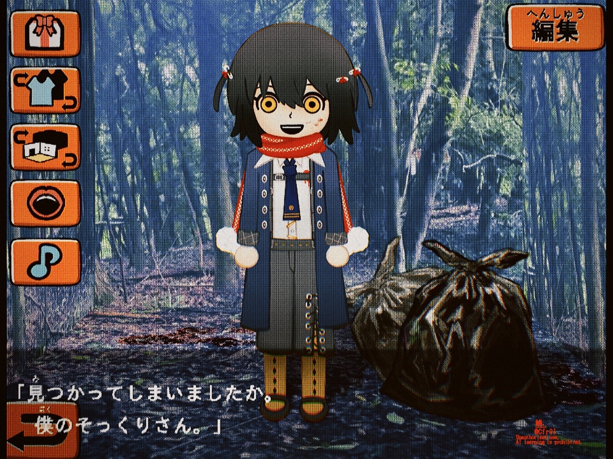 cfr9i, mashiro meme, mashiro meme (1st costume), mii (nintendo), nijisanji, nintendo, tomodachi life, highres, 1boy, :d, belt, black hair, black shoes, blood, blood on face, blue coat, blue necktie, buckle, chest harness, coat, collared shirt, deformed, dialogue box, dress shirt, empty eyes, fake screenshot, forest, grey pants, harness, long coat, looking at viewer, male focus, mary janes, medium hair, nature, necktie, open clothes, open coat, open collar, open mouth, pants, parody, photo background, red scarf, safety pin hair ornament, scarf, shirt, shirt tucked in, shoes, smile, socks, solo, square-end necktie, straight-on, style parody, suspenders, trash bag, twitter username, two side up, user interface, virtual youtuber, white shirt, wing collar, yellow eyes, yellow socks