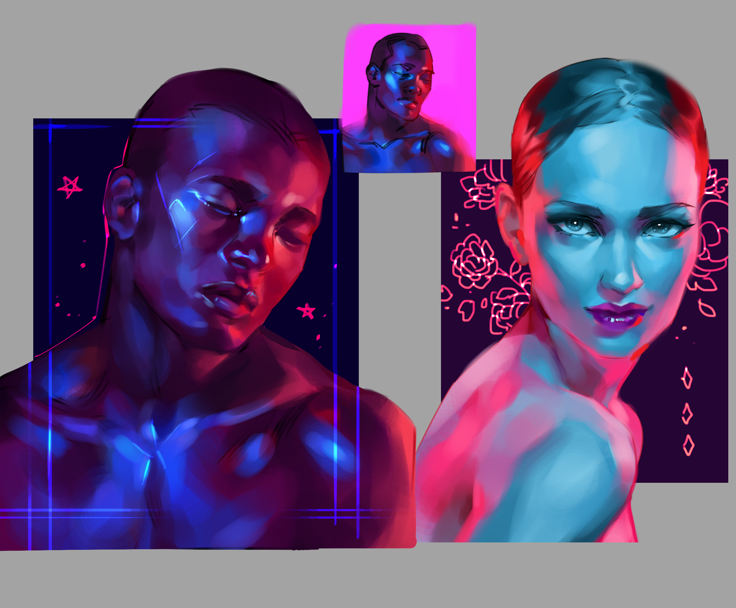 lydialing draws, original, art study, commentary, english commentary, highres, 1boy, 1girl, blue eyes, closed eyes, closed mouth, collarbone, cropped shoulders, dark-skinned male, dark skin, lips, looking at viewer, nose, parted hair, pectorals, purple lips, realistic, reference inset, short hair