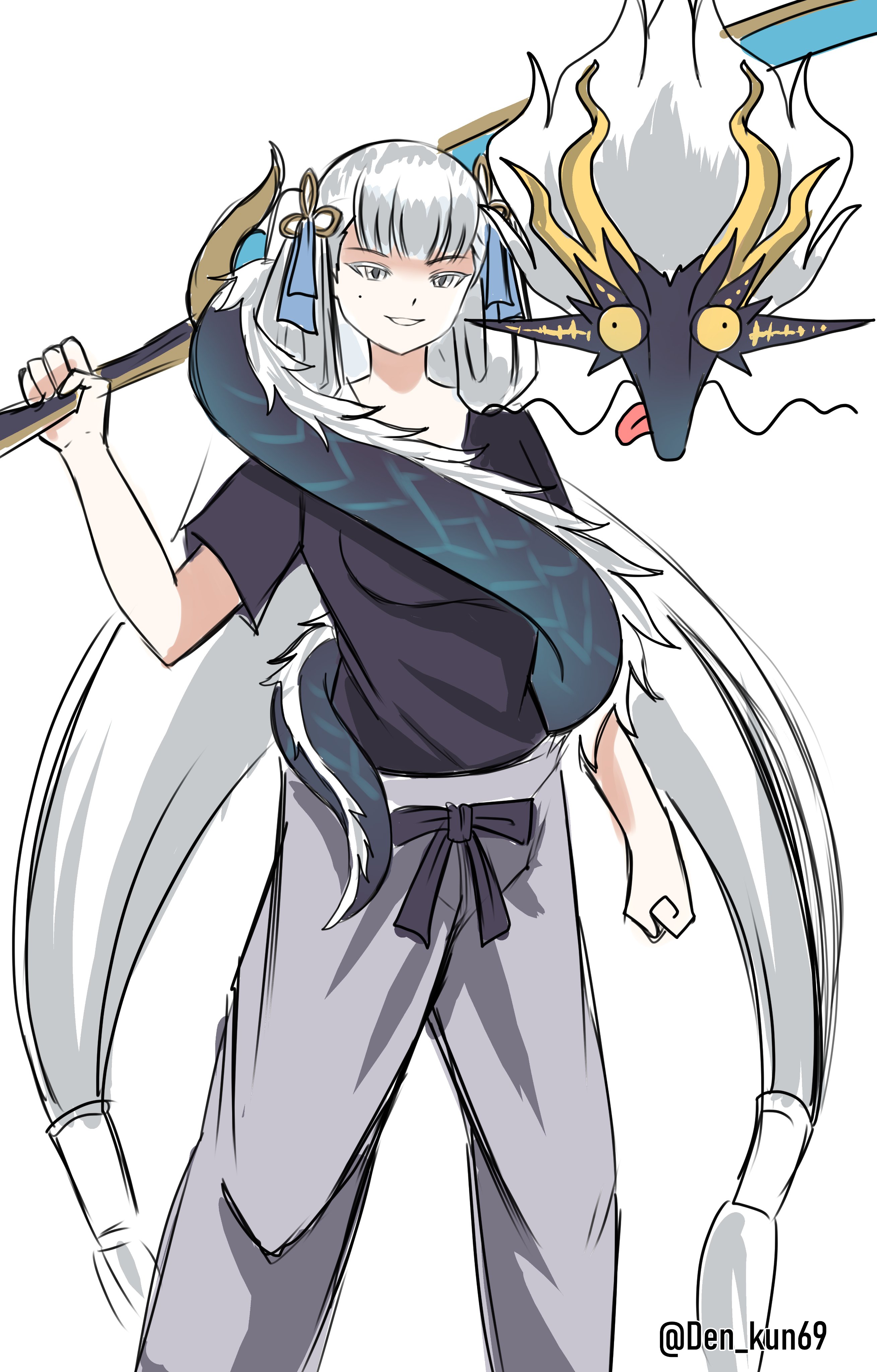 den kun69, gojou satoru, jinhsi (wuthering waves), jue (wuthering waves), jujutsu kaisen, wuthering waves, absurdres, commentary, english commentary, highres, 1girl, black shirt, blue ribbon, breasts, colored eyelashes, cosplay, dragon, eastern dragon, gojou satoru (cosplay), grey pants, hair ribbon, hair rings, holding, holding sword, holding weapon, long hair, medium breasts, mole, mole on cheek, pants, parted lips, ribbon, shirt, simple background, smile, solo, sword, twintails, twitter username, very long hair, weapon, white background, white eyelashes, white eyes, white hair