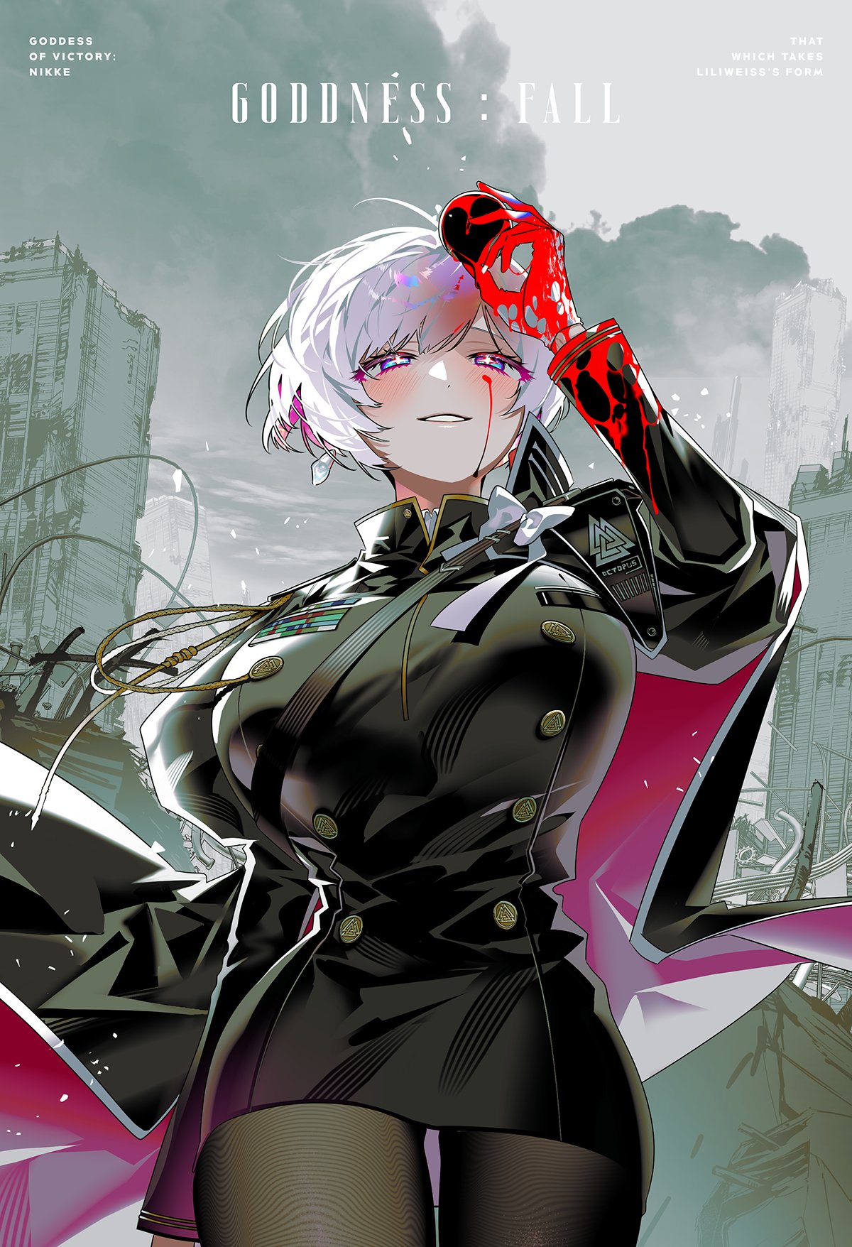 mzet, liliweiss (nikke), goddess of victory: nikke, hashtag-only commentary, highres, spoilers, 1girl, aiguillette, blood, blood on clothes, blood on face, blood on hands, blue eyes, blush, breasts, cape, cloak, core crystal (xenoblade), dress, gloves, hair between eyes, large breasts, long sleeves, multicolored hair, pantyhose, pink hair, purple cape, short hair, smile, symbol-shaped pupils, white cloak, white gloves, white hair