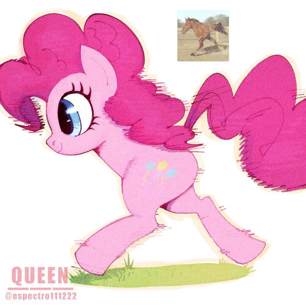 pinkie pie, my little pony, my little pony: friendship is magic, commentary, animal focus, blue eyes, closed mouth, curly hair, cutie mark, espectro111222, from side, full body, horse, inset, long hair, meme, meme inset, no humans, photo inset, pink fur, pink hair, running, simple background, smile, twitter username, white background, white hair