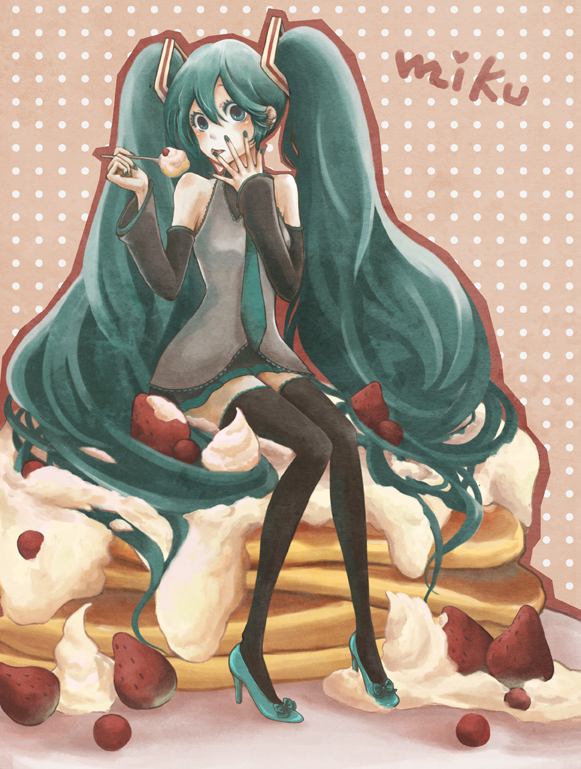 shindog, hatsune miku, vocaloid, bad id, bad pixiv id, aqua eyes, aqua hair, cake, detached sleeves, food, fruit, high heels, long hair, necktie, pancake, shoes, sitting, skirt, solo, strawberry, thighhighs, twintails, very long hair, zettai ryouiki