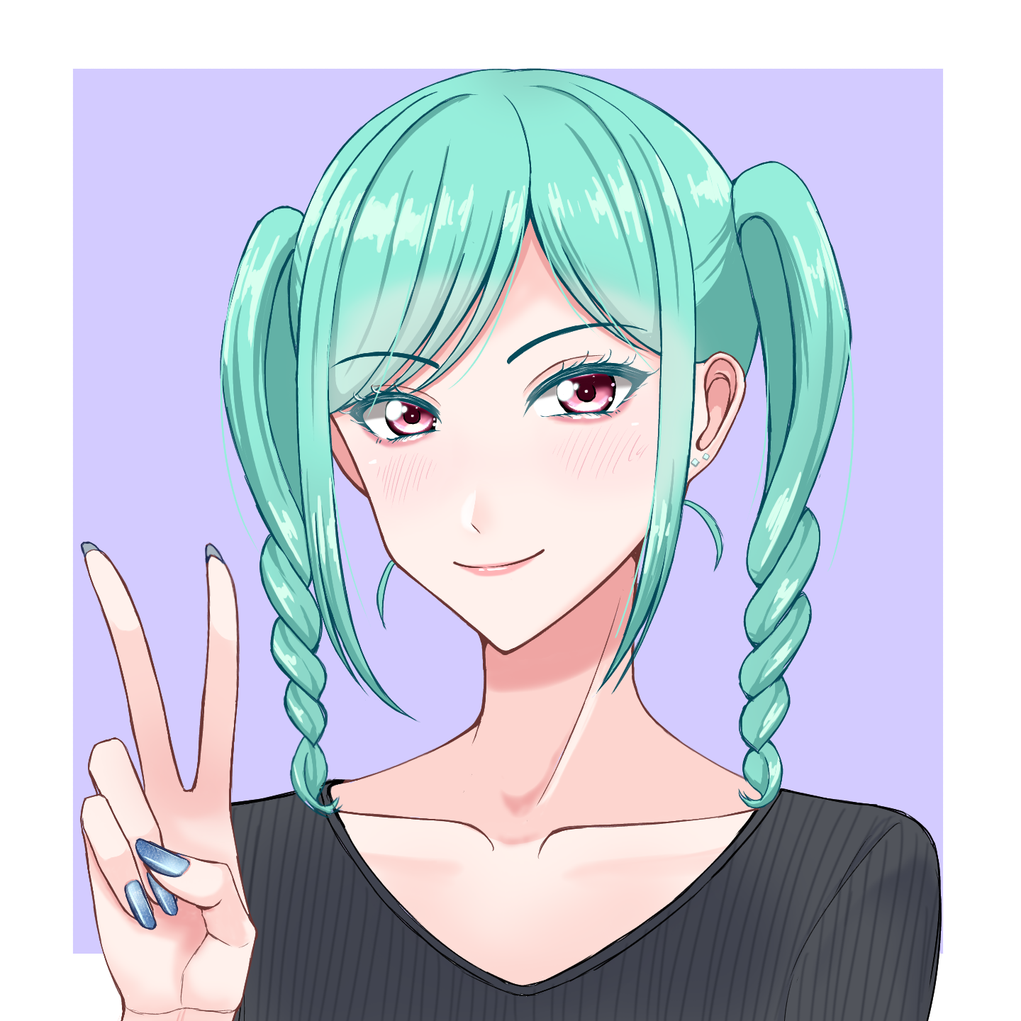 onitsuka tomari, love live!, love live! superstar!!, highres, 1girl, 3172syunhg, aqua hair, black shirt, blue background, blue nails, blush, border, braid, closed mouth, collarbone, eyelashes, lone nape hair, looking at viewer, medium hair, outside border, pink eyes, pink lips, portrait, shirt, sidelocks, simple background, smile, solo, striped clothes, striped shirt, twin braids, v, vertical-striped clothes, vertical-striped shirt, white border