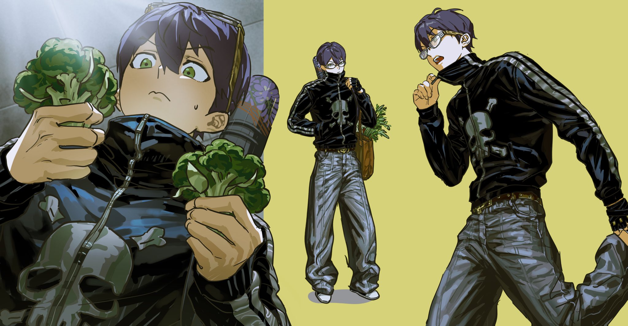 sishuiloe 1994, kenmochi touya, converse, nijisanji, highres, 1boy, 3:, :/, alternate costume, baggy pants, belt, belt buckle, black gloves, black jacket, black shoes, blue pants, broccoli, brown bag, brown belt, buckle, carrot, closed mouth, denim, eyewear on head, fashion, fingerless gloves, food, from below, glasses, gloves, gold buckle, green background, green eyes, hand in pocket, holding, holding food, holding strap, jacket, jeans, male focus, multicolored shoes, multiple views, open mouth, pants, pout, print jacket, punk, purple hair, running, shoes, short hair, skull print, sneakers, sweatdrop, track jacket, turtleneck, turtleneck jacket, two-tone shoes, upper body, v-shaped eyebrows, vegetable, weapon bag, white shoes, zipper, zipper pull tab