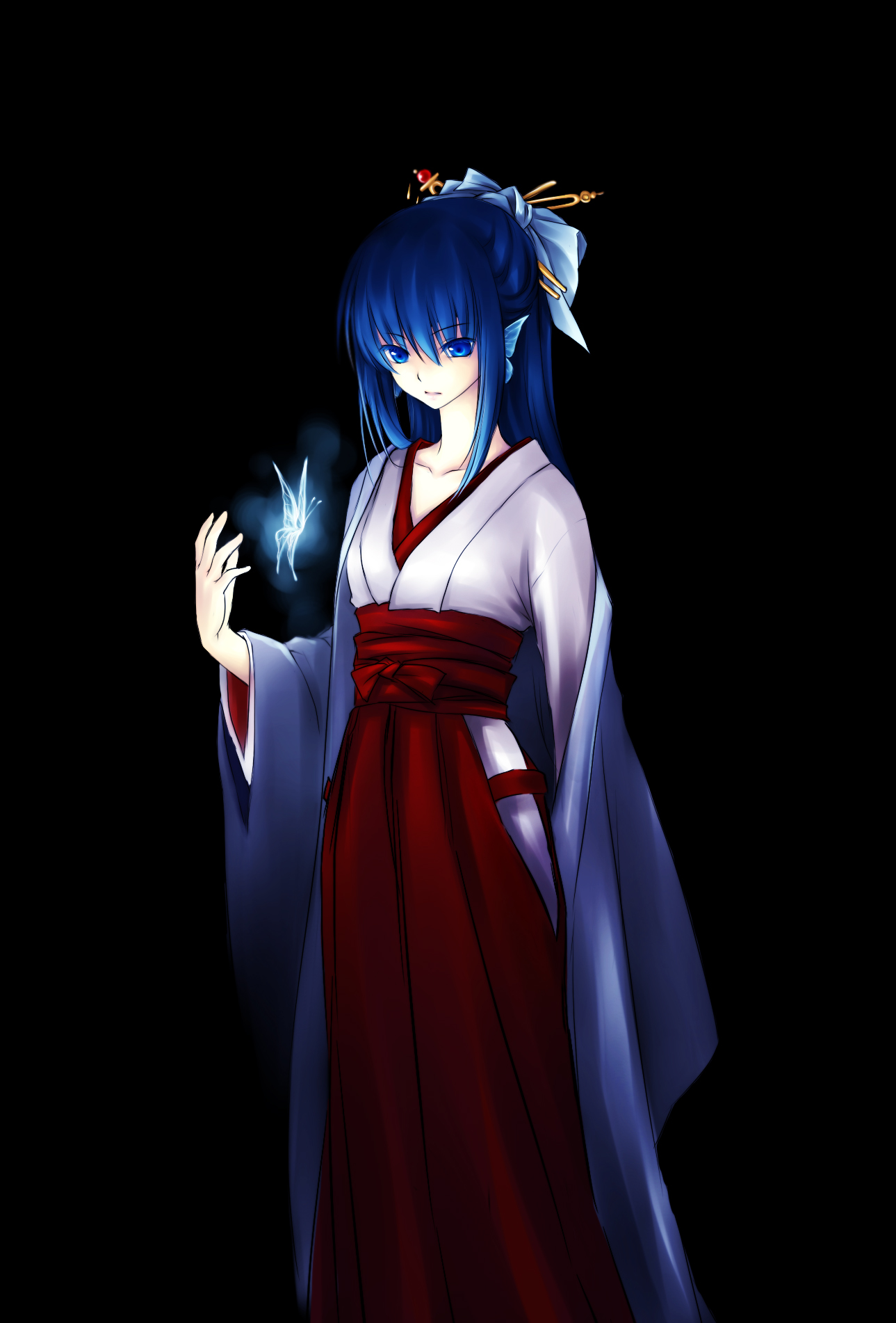 fhalei, original, bad id, bad pixiv id, highres, 1girl, blue eyes, blue hair, bug, butterfly, female focus, hair ornament, hair ribbon, headdress, insect, japanese clothes, kimono, long hair, matching hair/eyes, miko, ribbon, solo